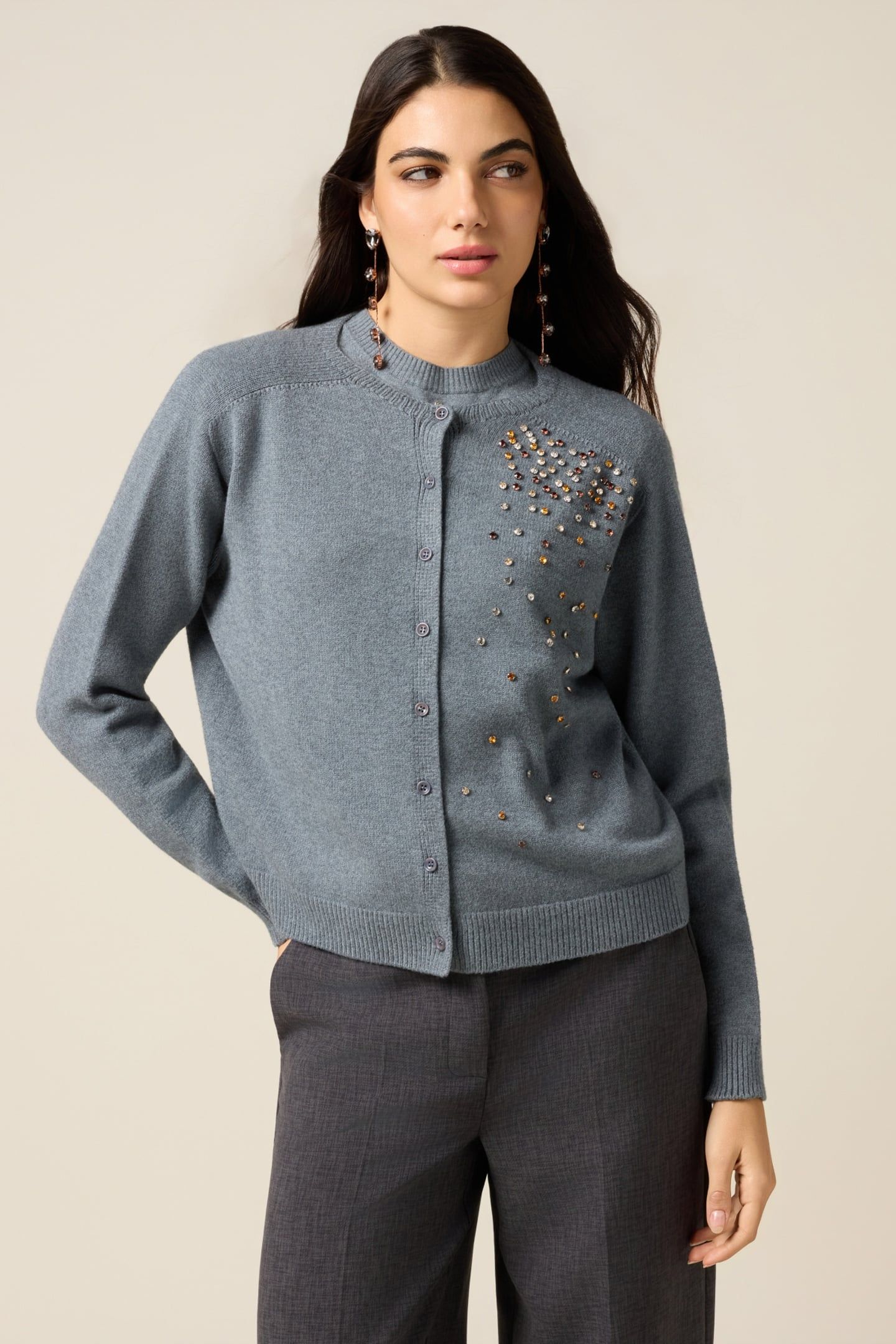 VISCOSE BLEND CARDIGAN WITH CRYSTALS GREY 1