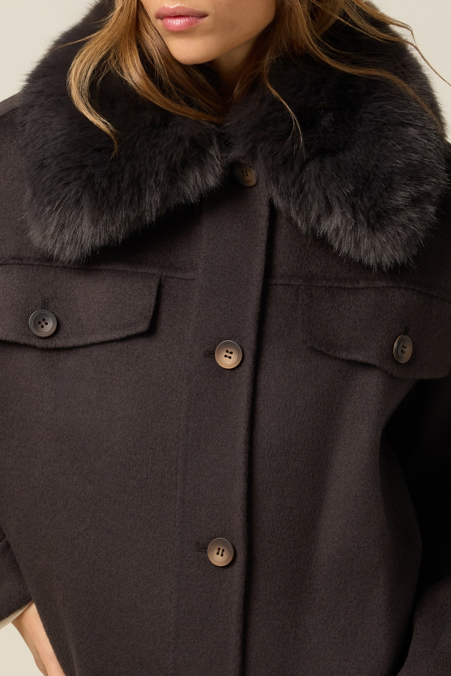 SHORT MIXED WOOL COAT WITH FURRY COLLAR BROWN 4