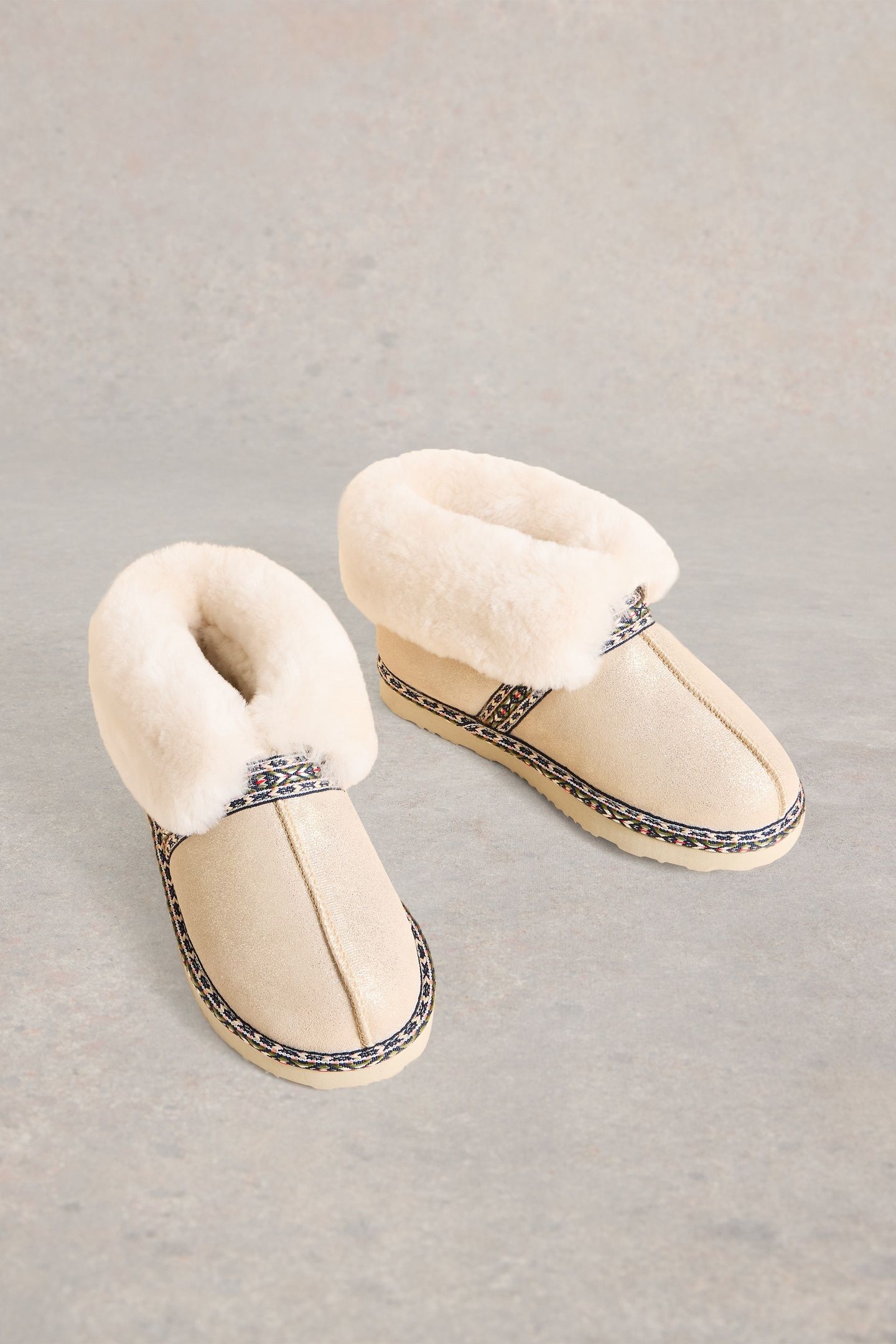 SUEDE SHEARLING SLIPPER BOOT GOLD TONE METALLIC 2