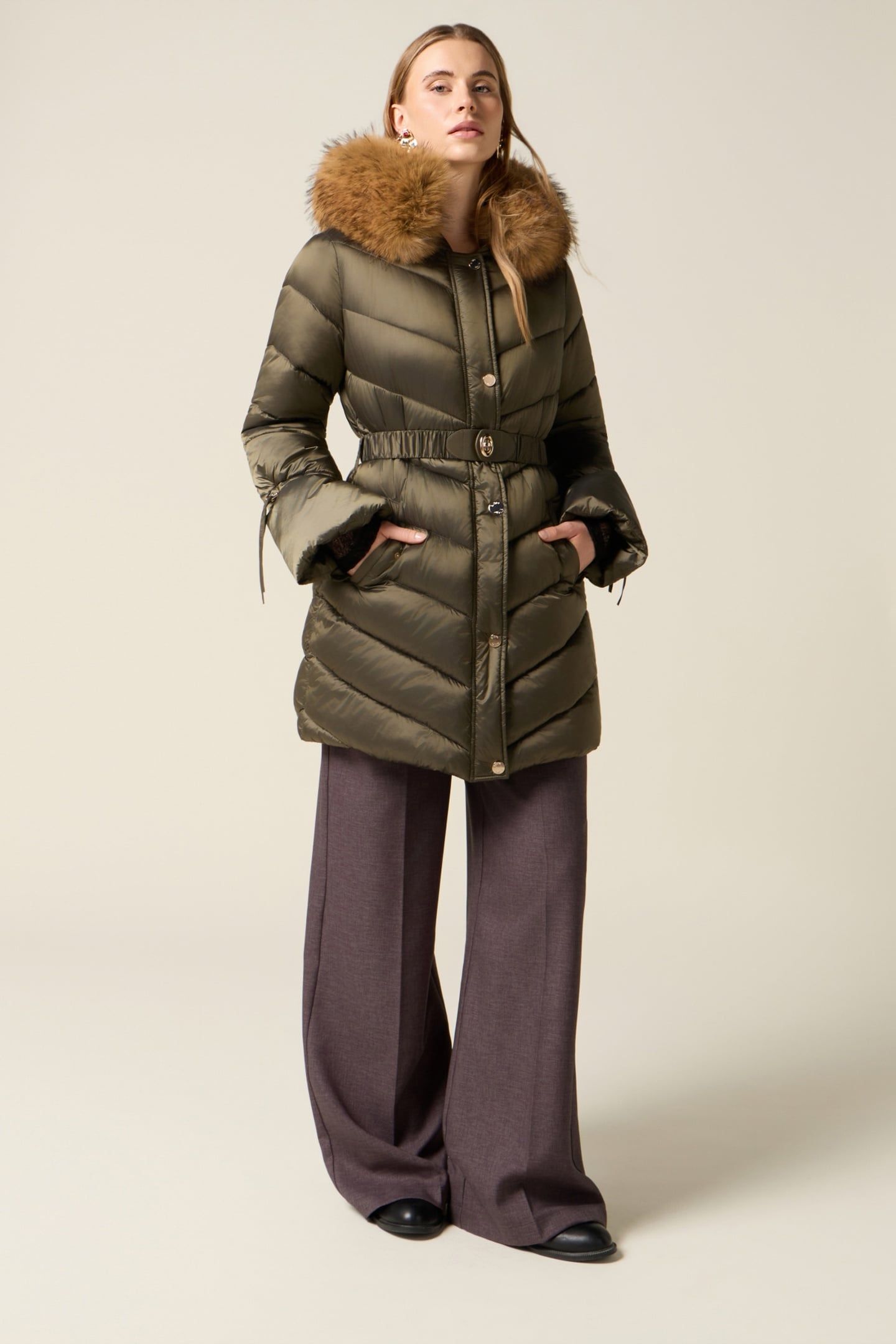 MIDI DOWN JACKET WITH BELT MILITARY GREEN 1