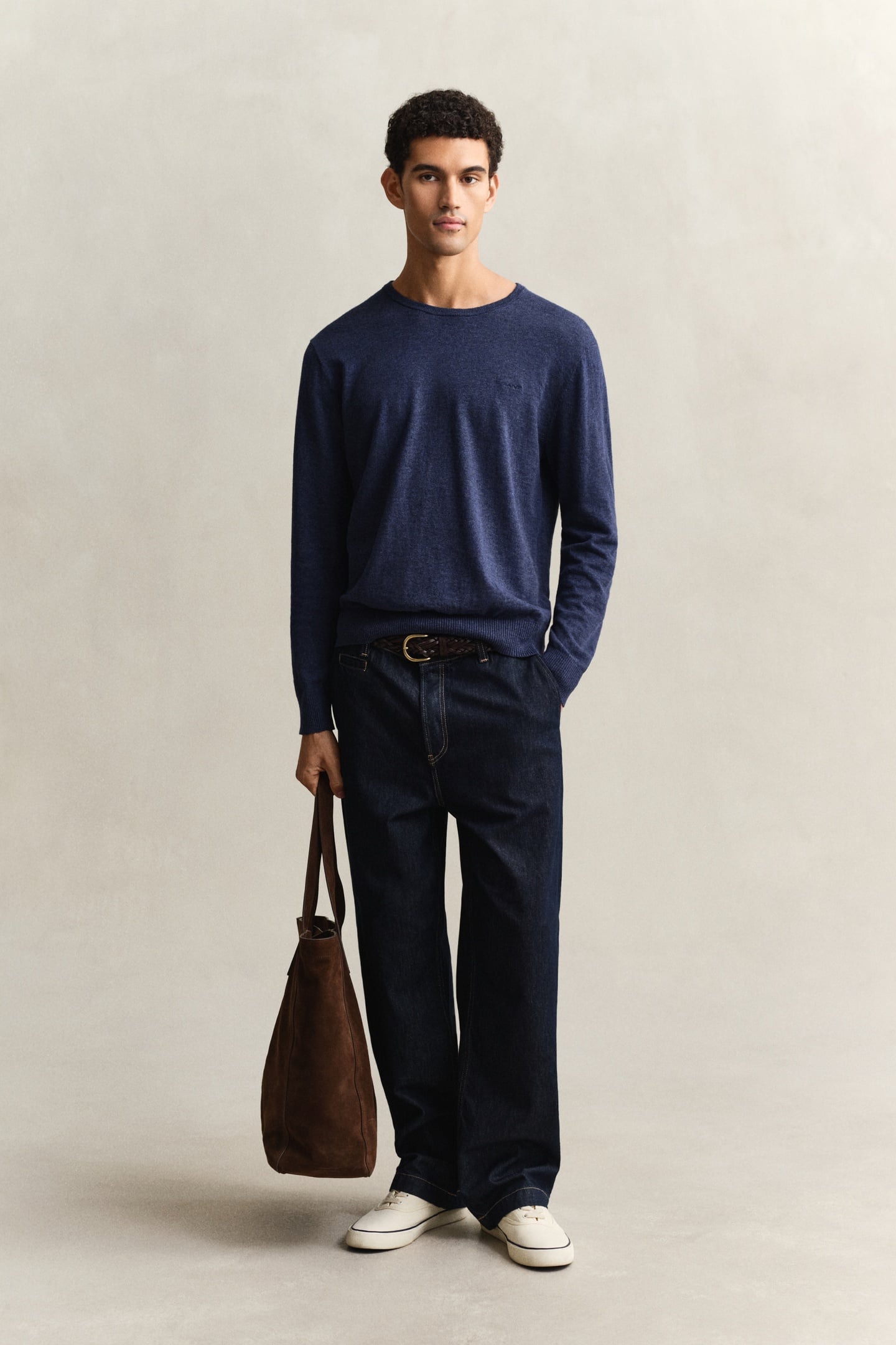 SLUB COTTON LINEN C-NECK DARK INDIGO MELANGE 3