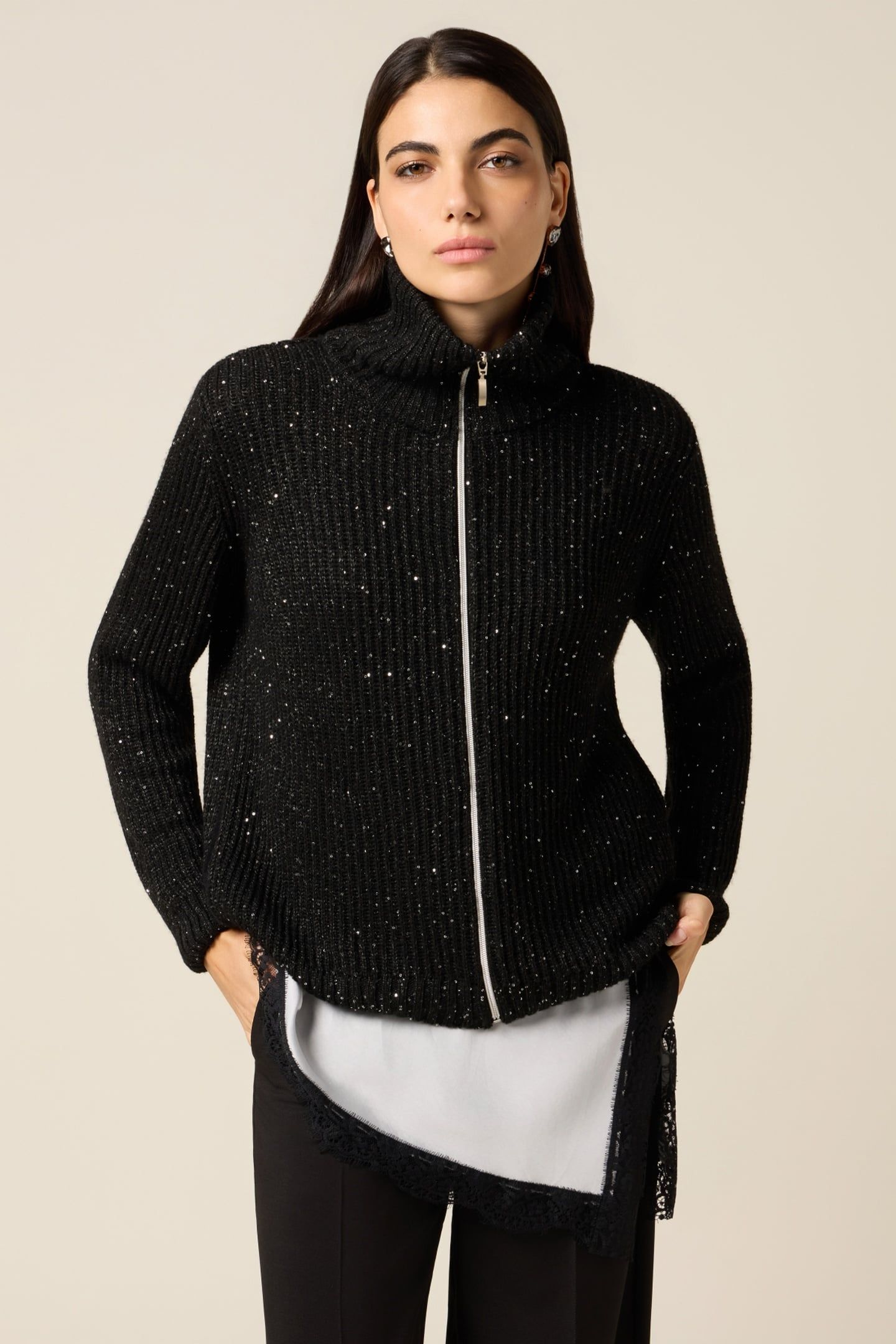 CARDIGAN WITH ZIP AND MICRO SEQUINS BLACK 1