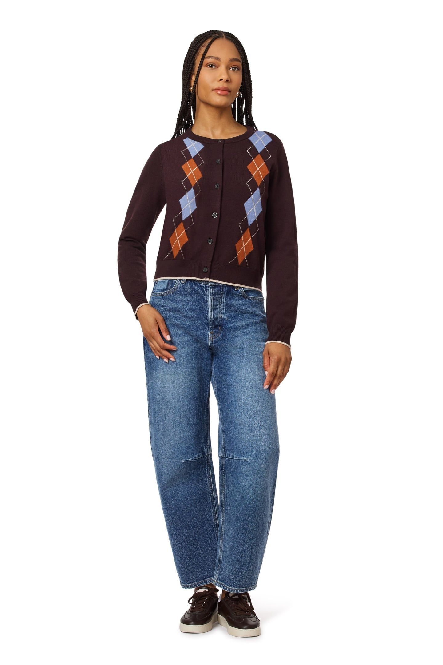 CREW NECK CARDIGAN SEAL BROWN/ STONEWASH / CARAMEL CAFÉ 3