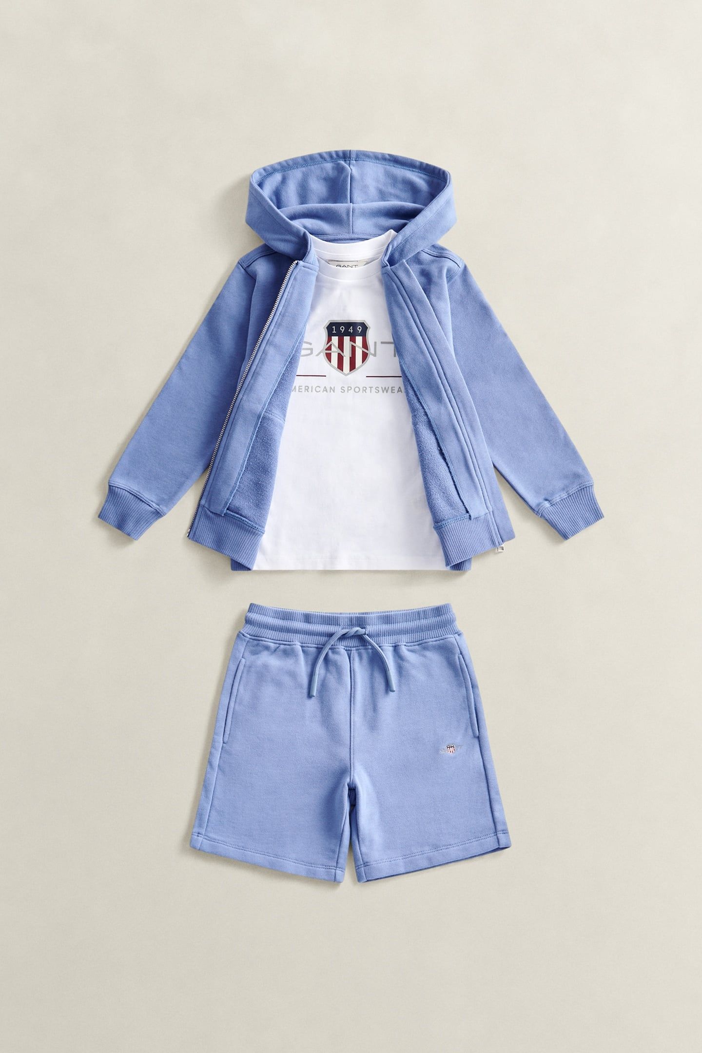 KIDS BOYS SHIELD ZIP HOODIE, TEE & SHORT SET FADED DENIM 1