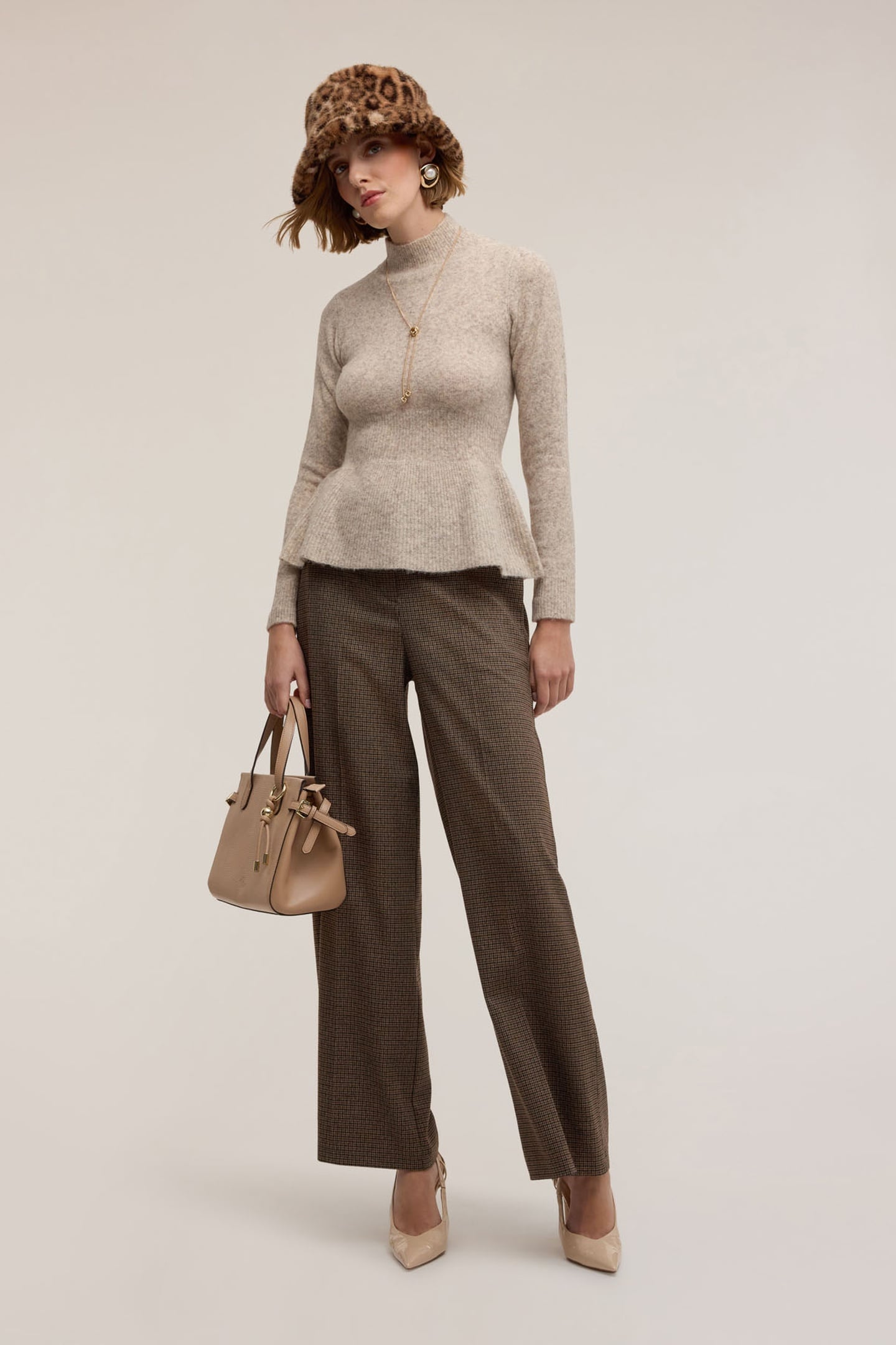 PALAZZO PANTS IN CHECK FABRIC BROWN 2