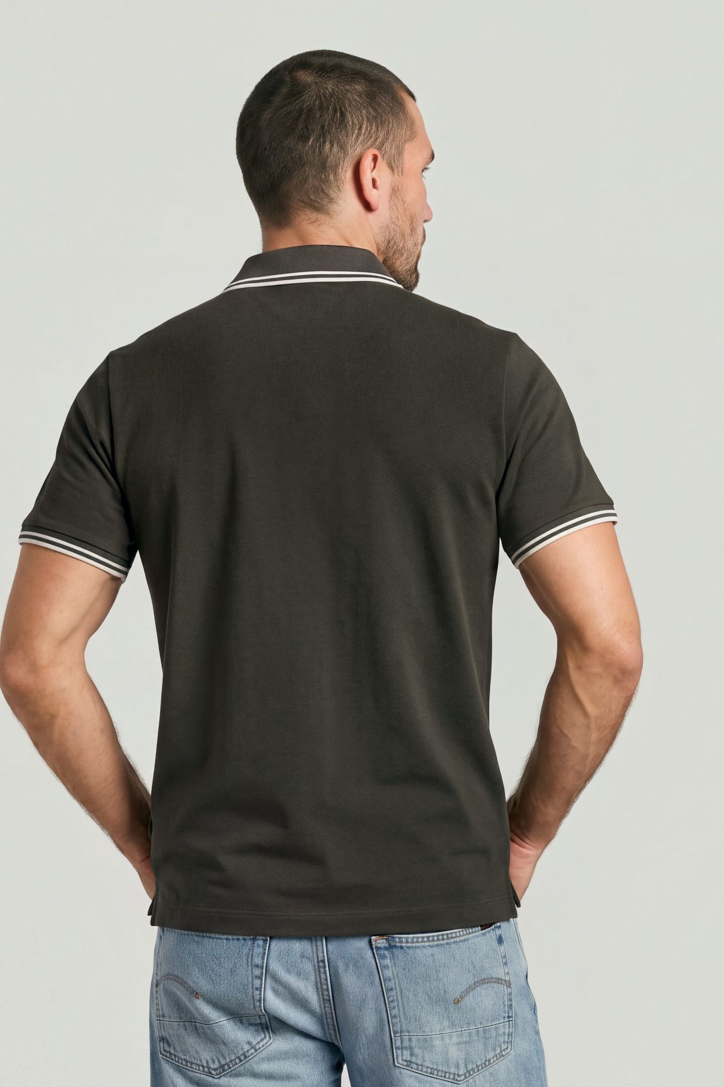 STRIPED COLLAR SLIM POLO S/S GREY 2