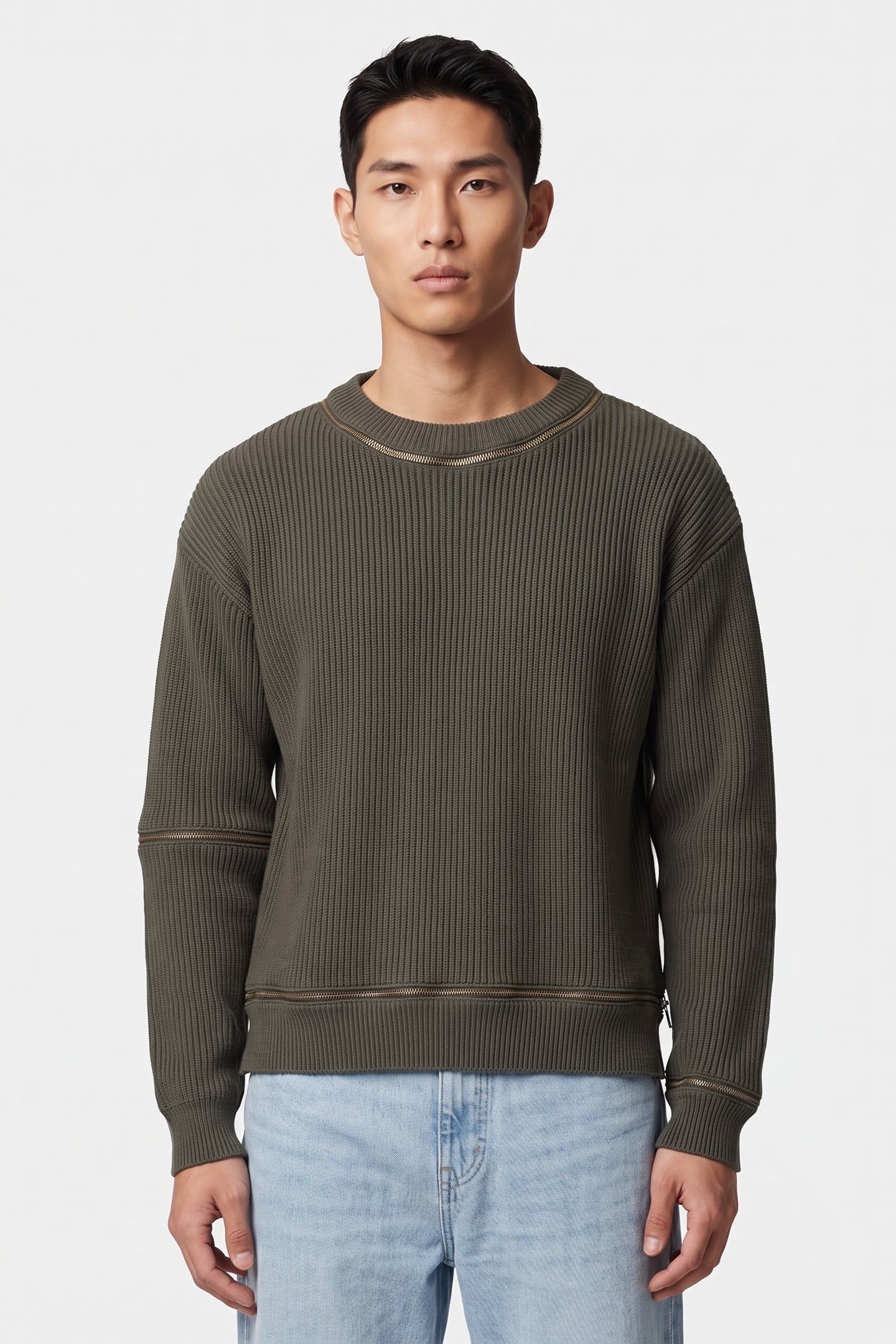 RIBBED WOOL PULLOVER WITH ZIP GREEN 1
