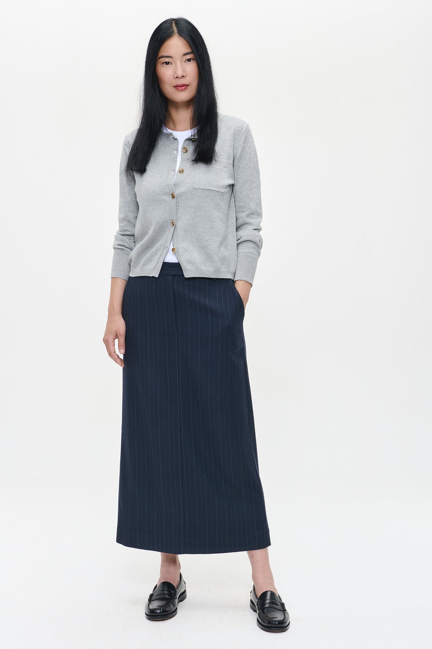 PIN STRIPE LONG STRAIGHT SKIRT MIDNIGHT BLUE 1
