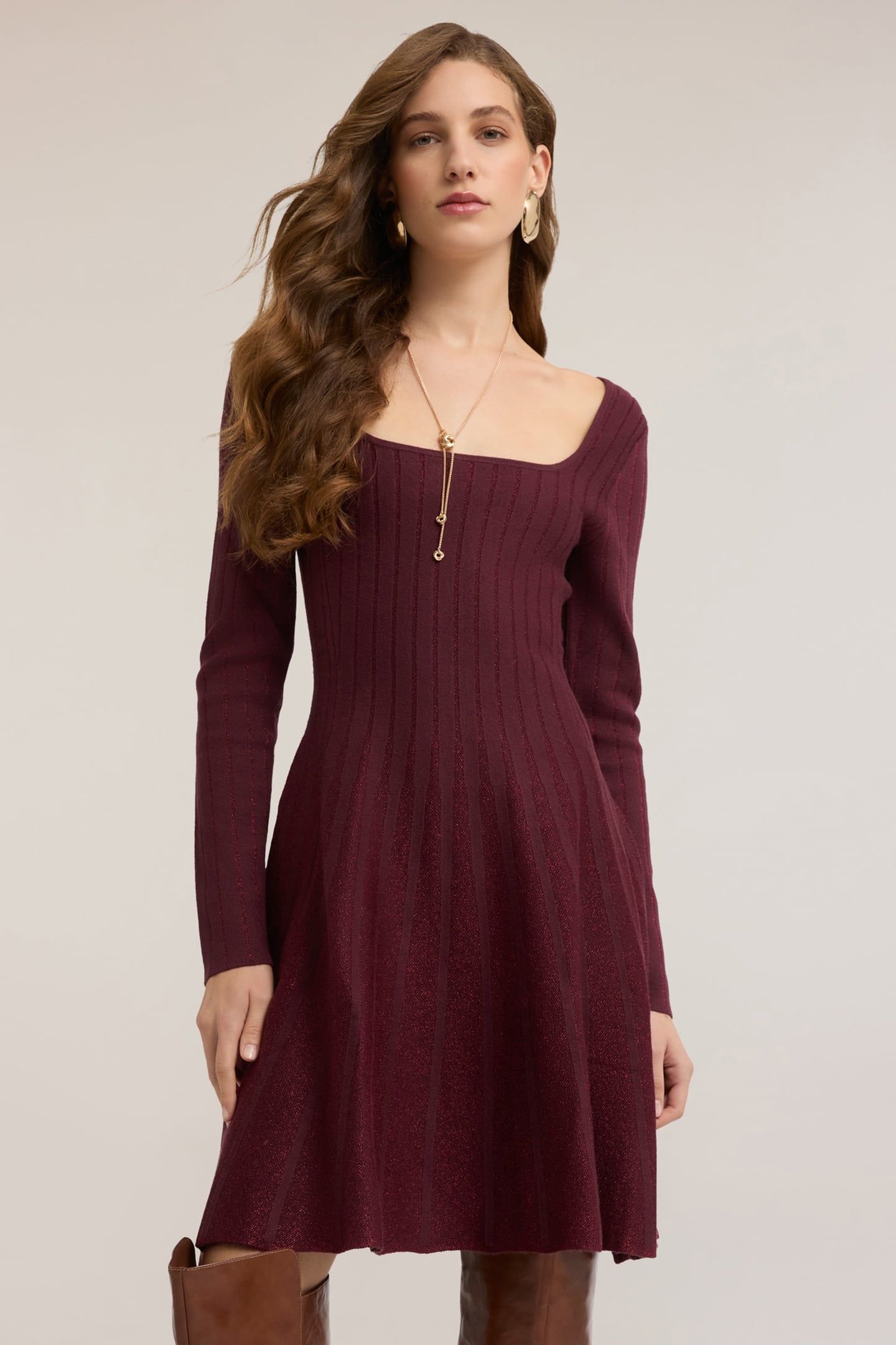 FLARE DRESS IN MIXED LUREX KNIT BURGUNDY 2