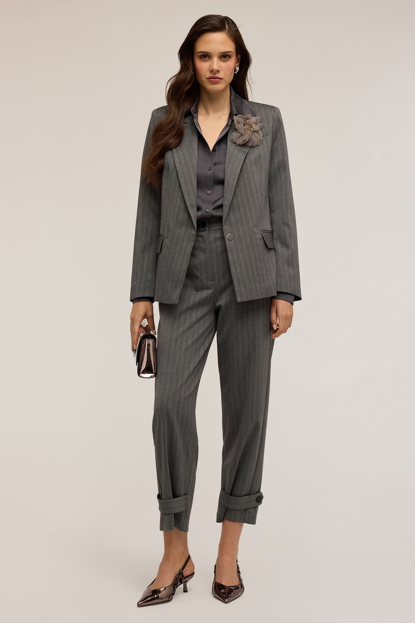 PINSTRIPED LUREX BLAZER WITH FLOWER BROOCH GREY 1