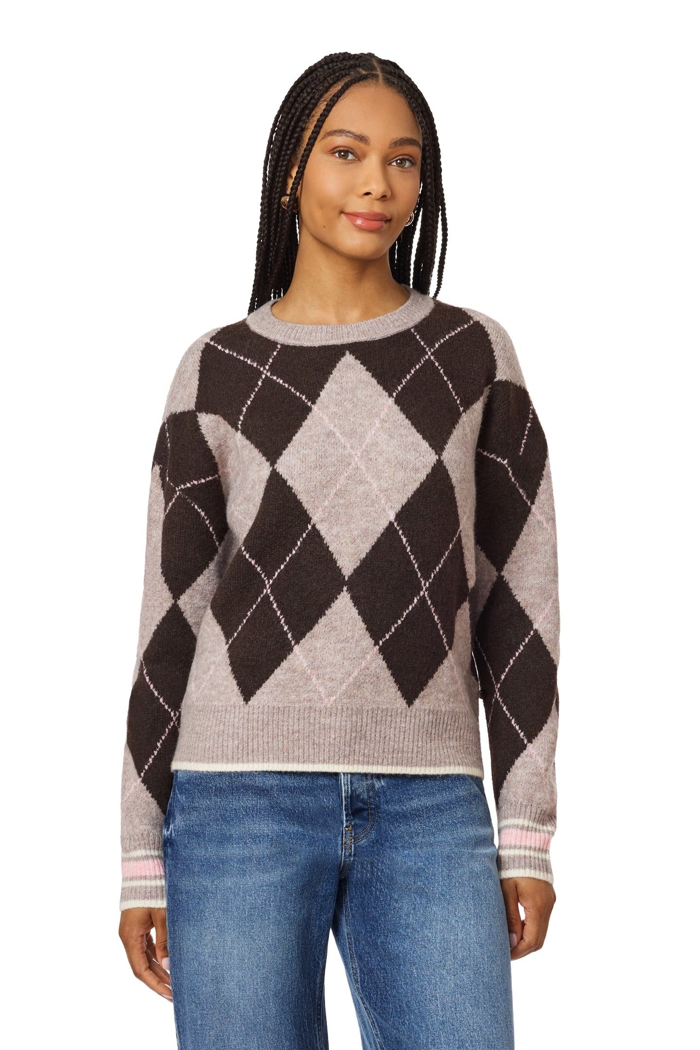 PULLOVER SWEATER MED BROWN HT/ SEAL BROWN/ ROSE DUST HT 7