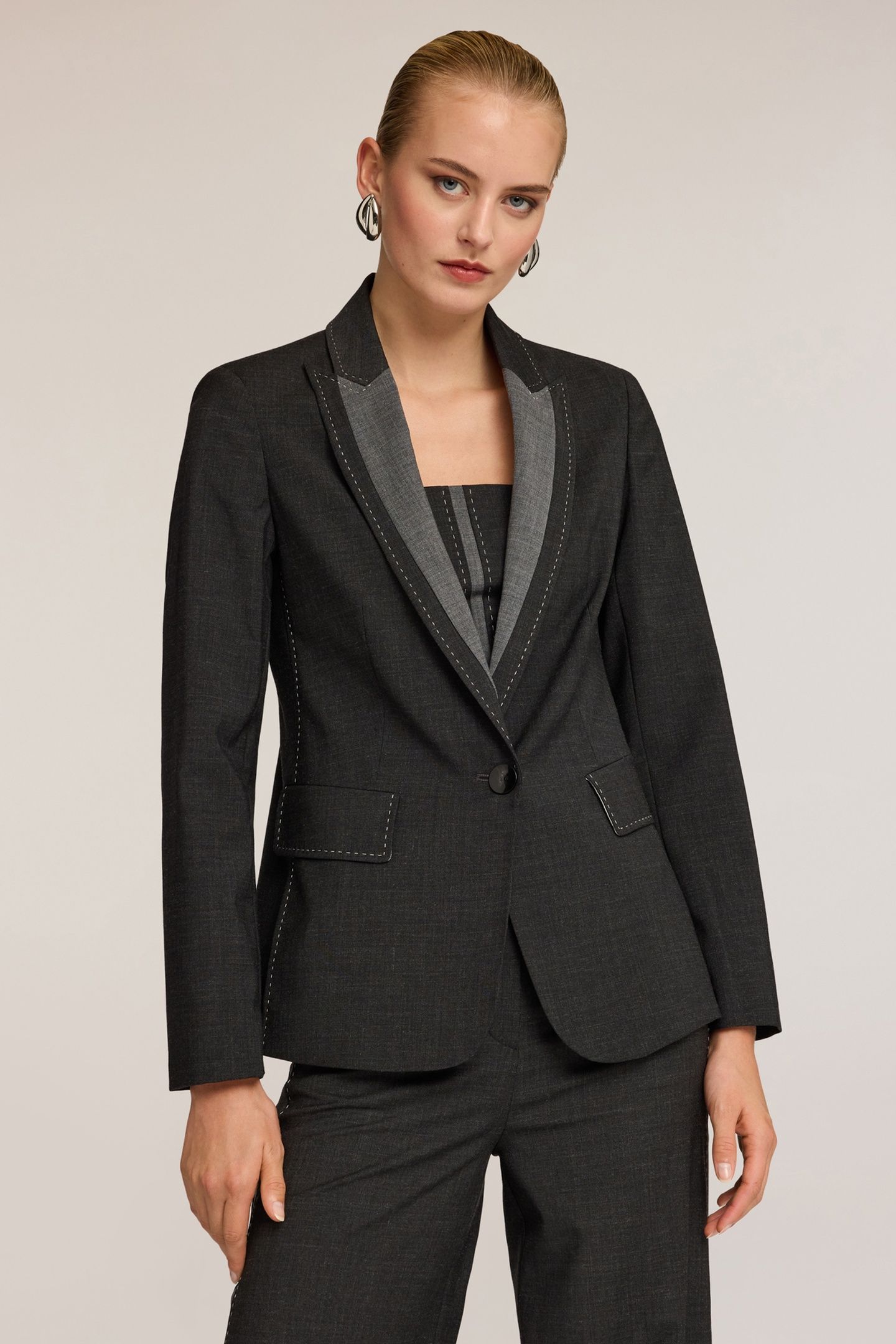 MIXED WOOL CANVAS BLAZER WITH TOPSTITCHING GREY 1