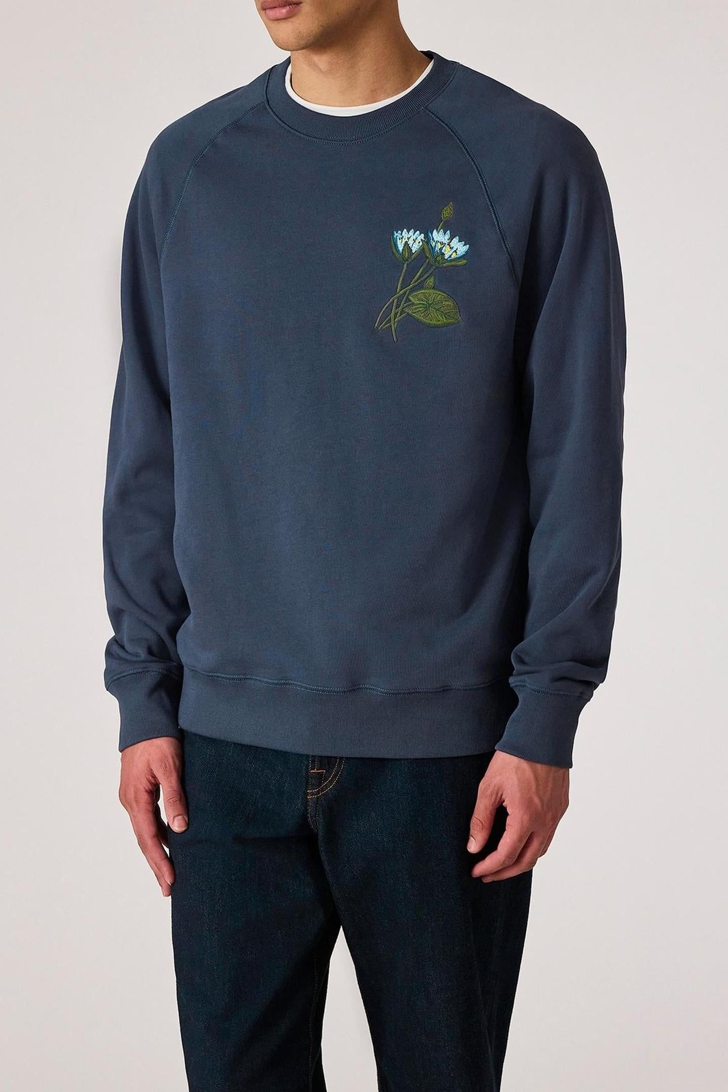 MENS LS SWEATSHIRT FLORAL EMB INDIGO 1