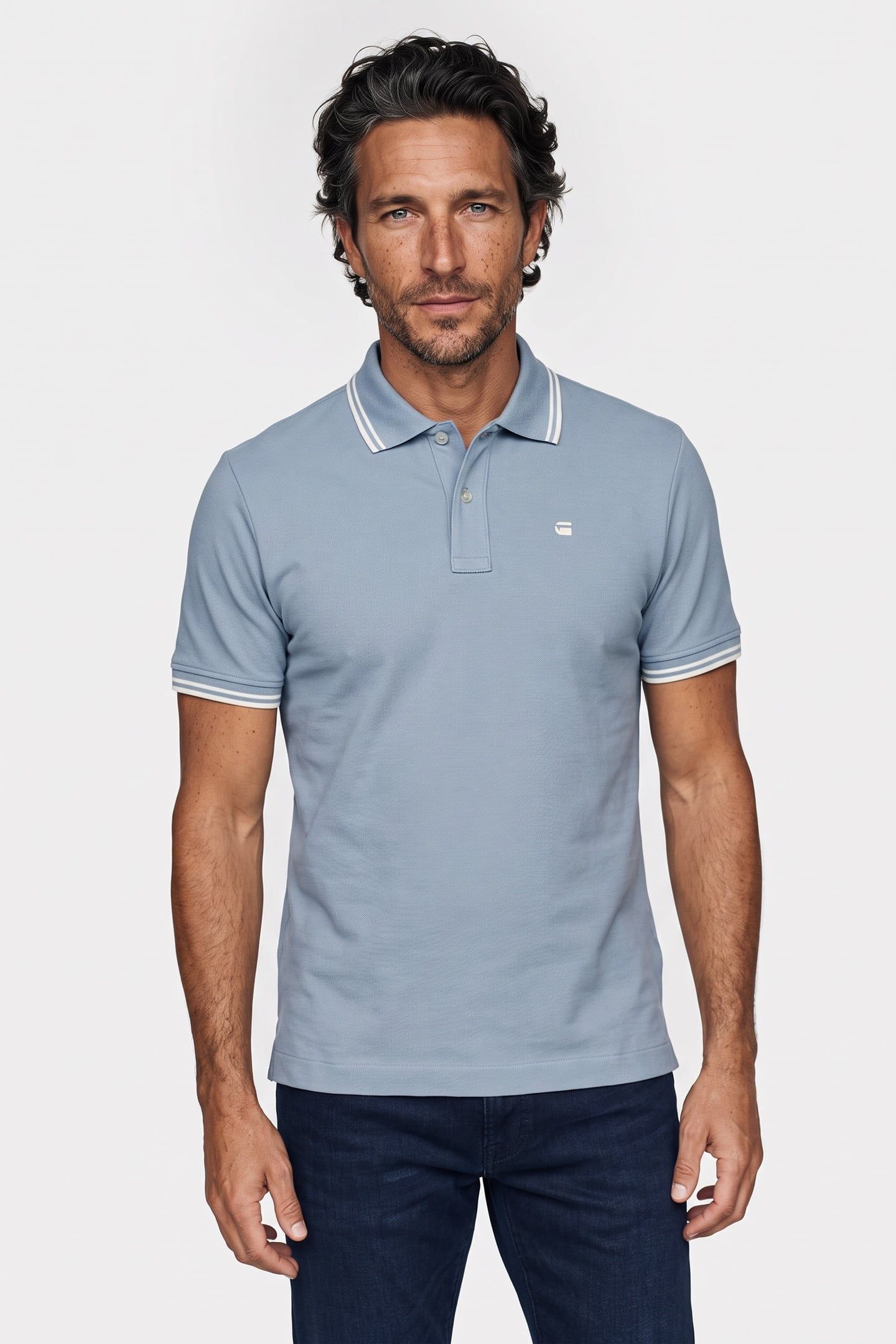 STRIPED COLLAR POLO S/S LIGHT/PASTEL BLUE 1