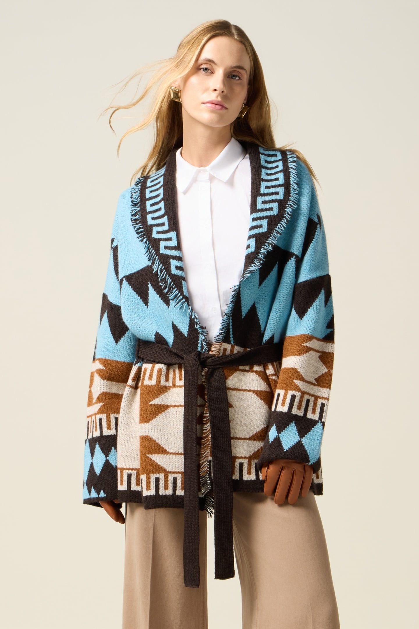 JACQUARD CARDIGAN WITH FRINGES LIGHT BLUE 1