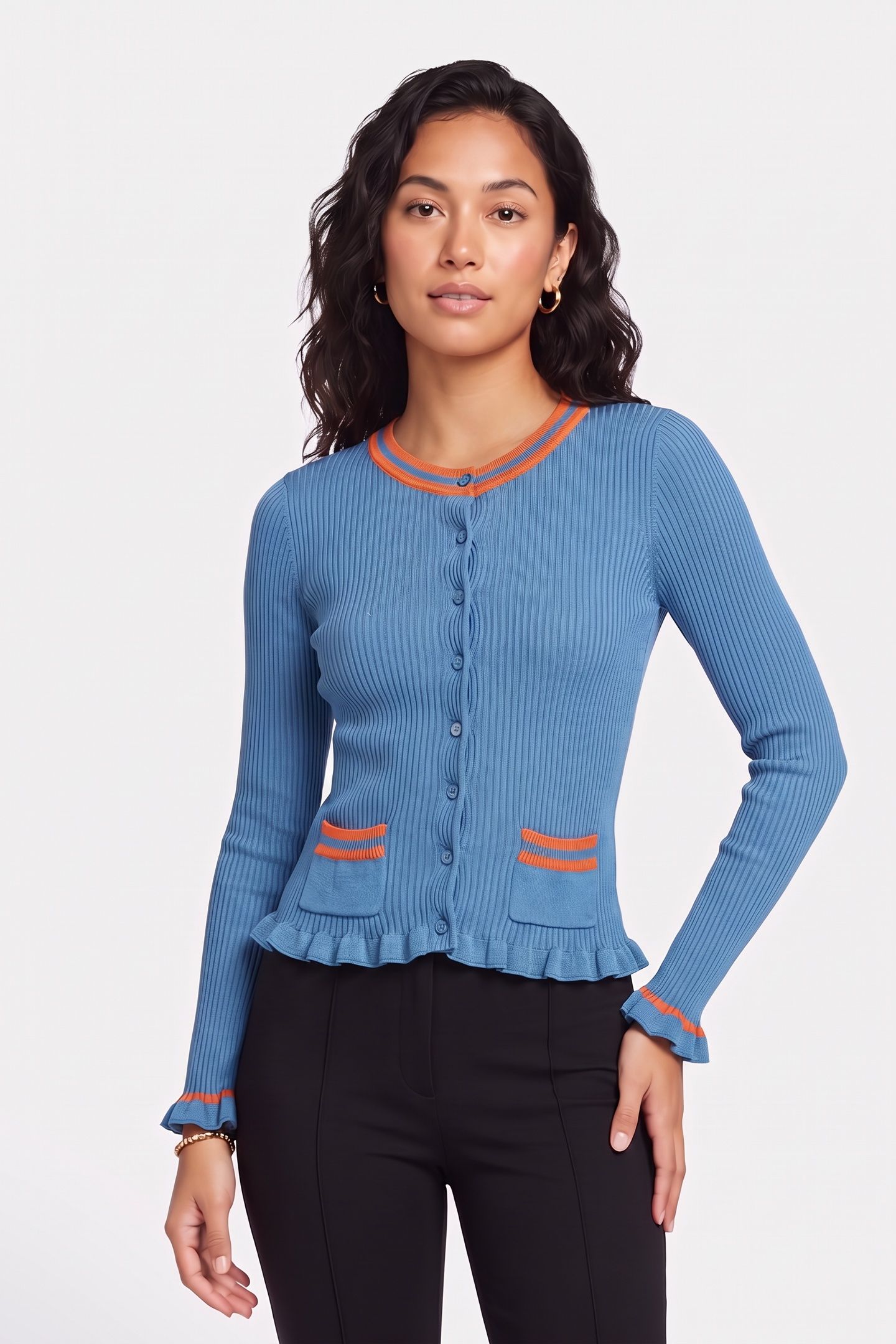 STRIPED DETAILS RIBBED KNIT CARDIGAN BLUE 1