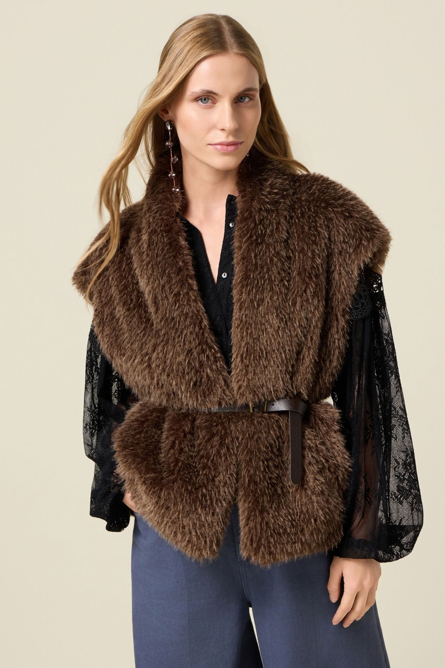 SOFT FABRIC CAPE WITH BELT BROWN 1