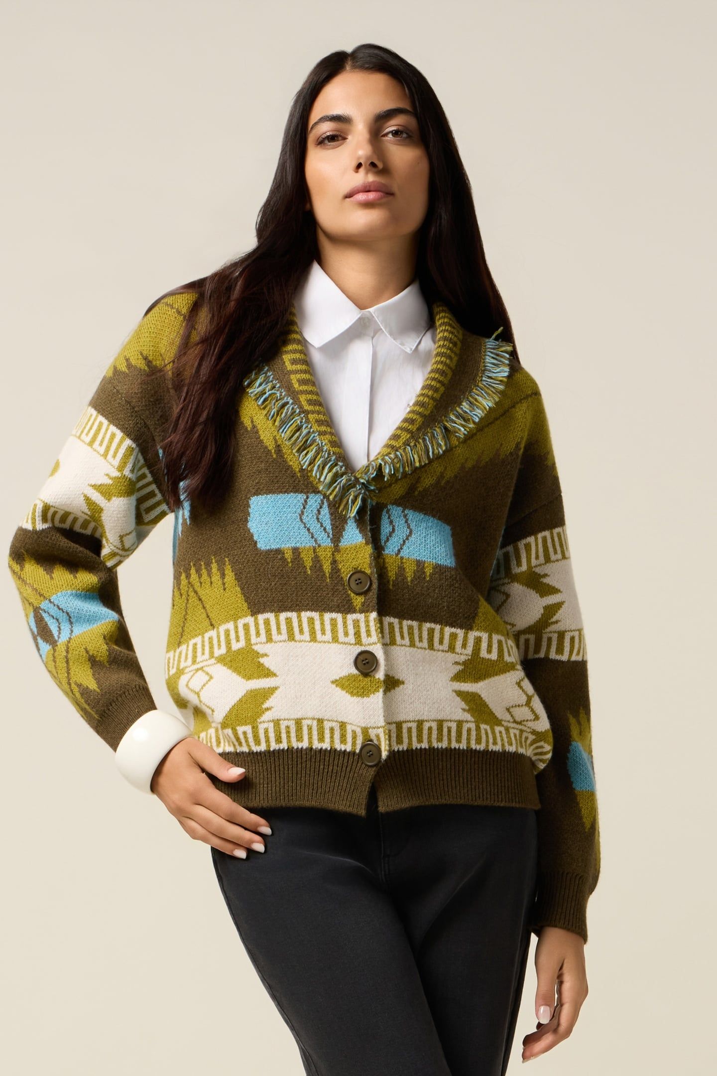KNITTED CARDIGAN WITH DECORATIVE FRINGE GREEN 2