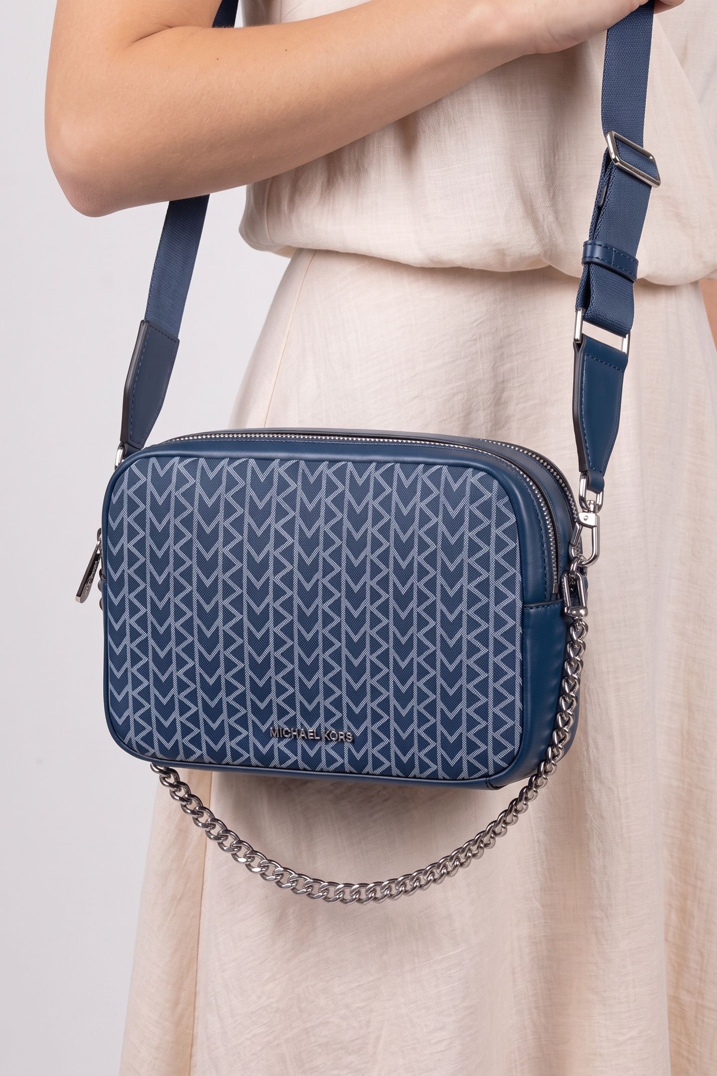 MEDIUM DOUBLE ZIP CHAIN CAMERA CROSSBODY RIVER BLUE 1