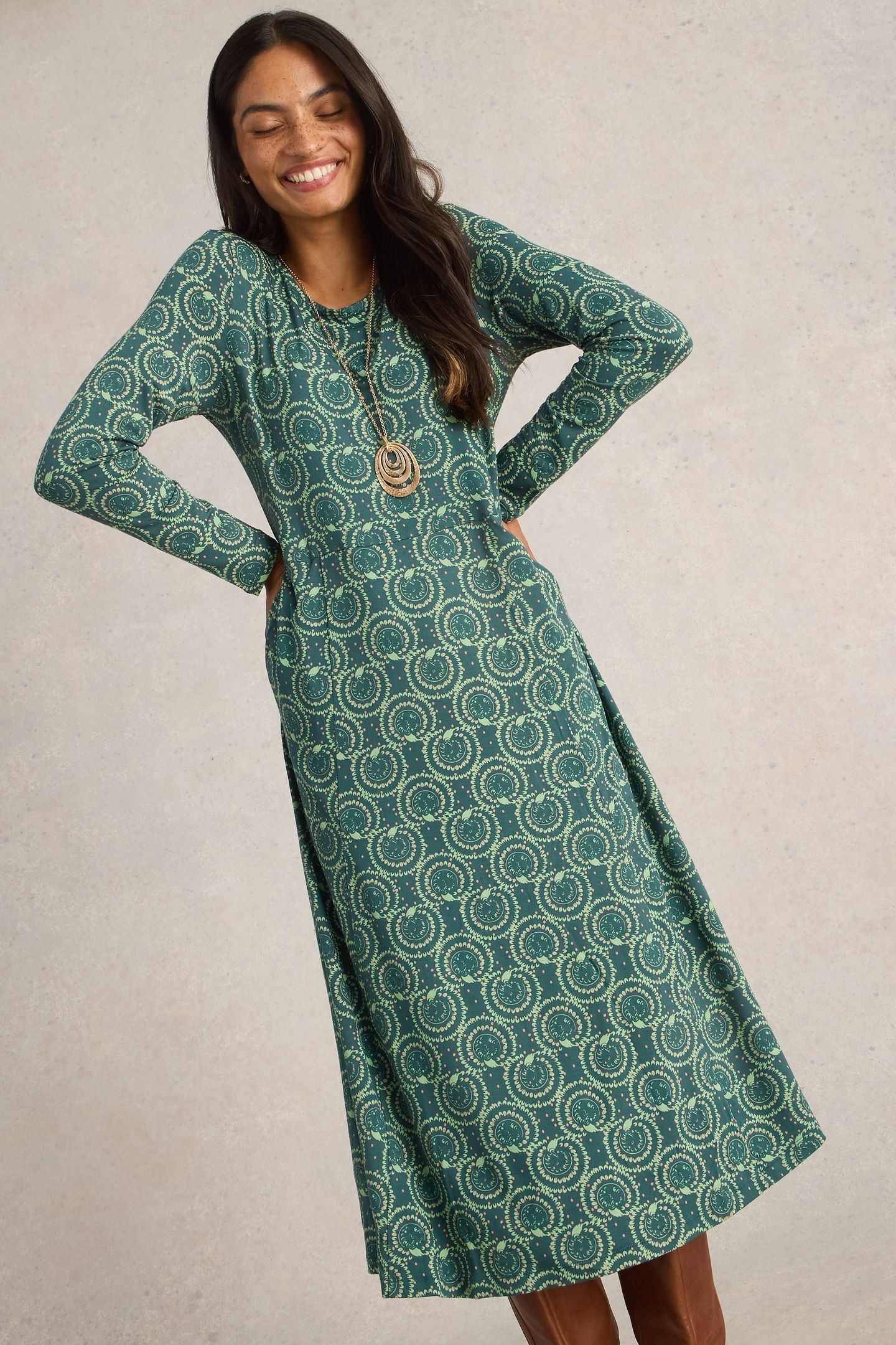 MADELINE JERSEY DRESS TEAL PRINT 2