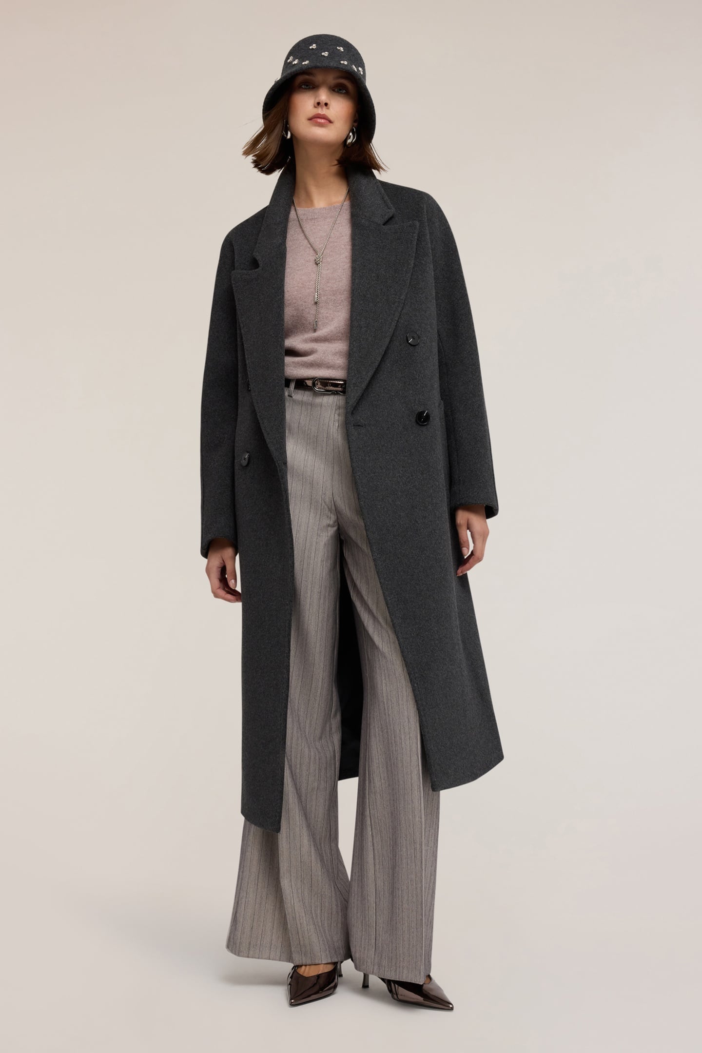 DOUBLE-BREASTED COAT IN WOOL BLEND DRAP GREY 1