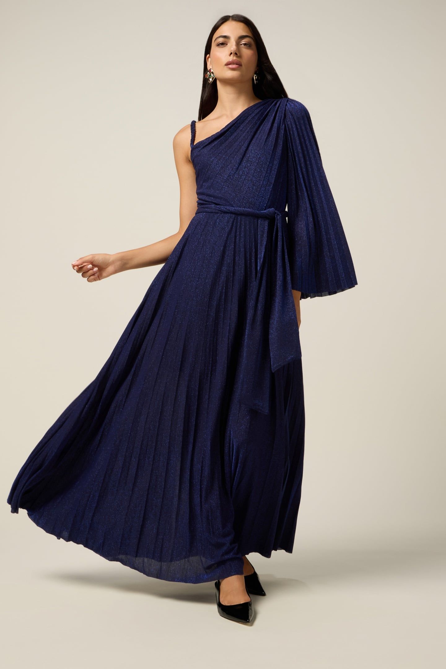 ONE-SHOULDER DRESS IN LUREX JERSEY BLUE 1