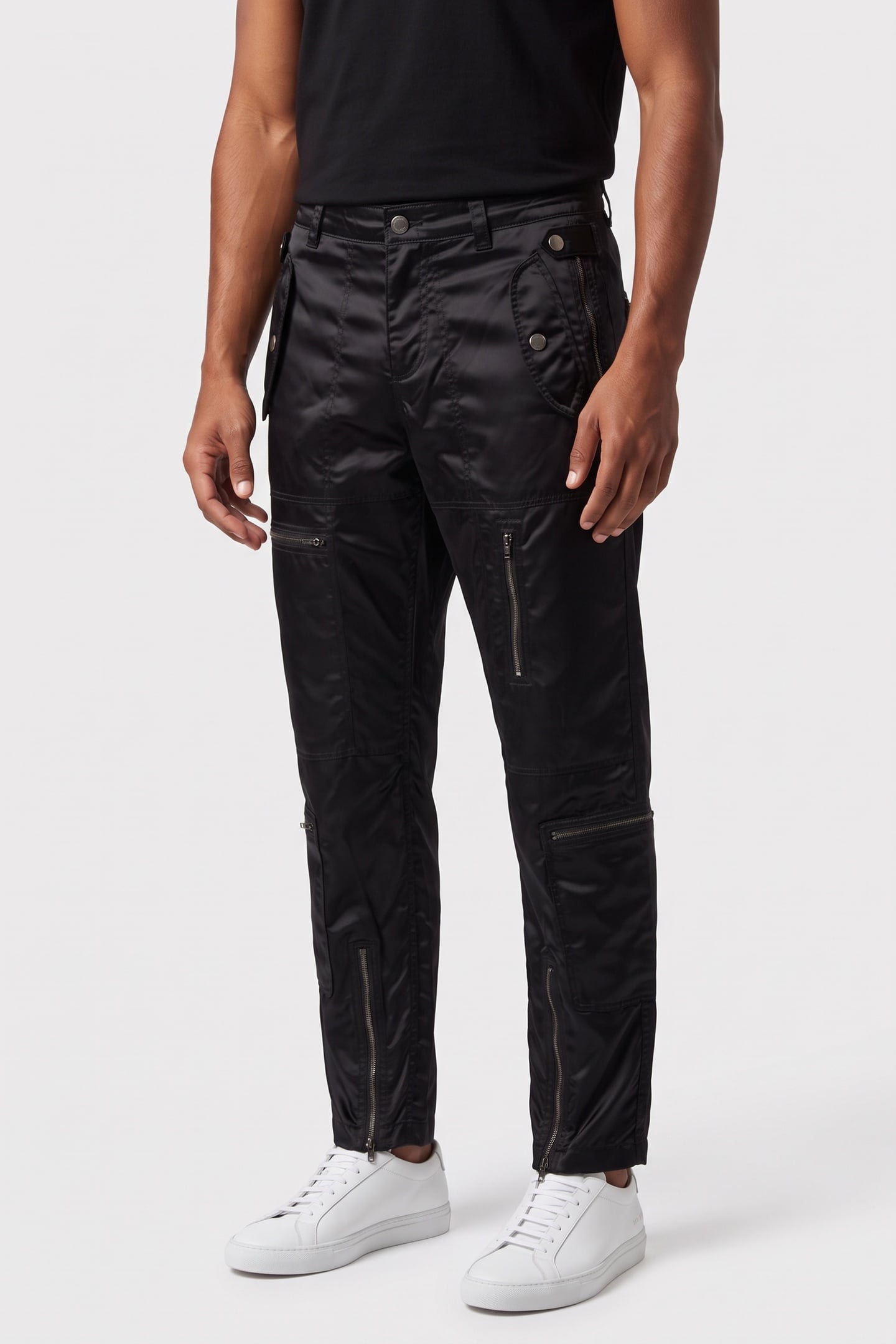 MULTI-POCKET TROUSERS IN SHINY SATIN BLACK 1