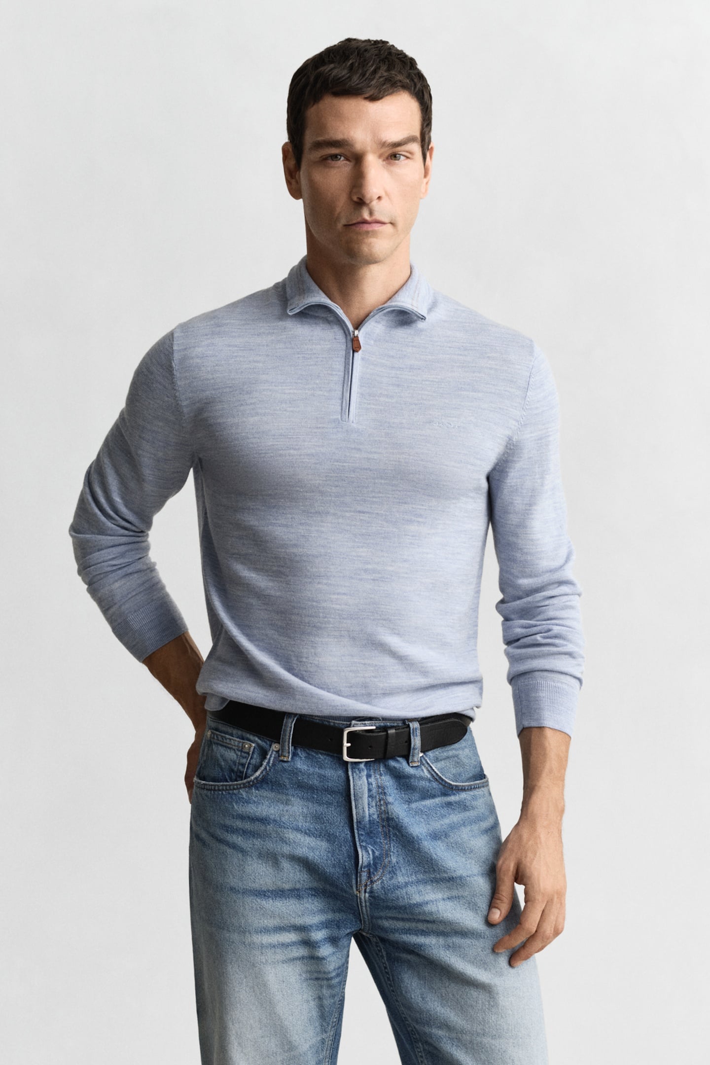 EXTRAFINE MERINO WOOL HALF ZIP LT BLUE MELANGE 1