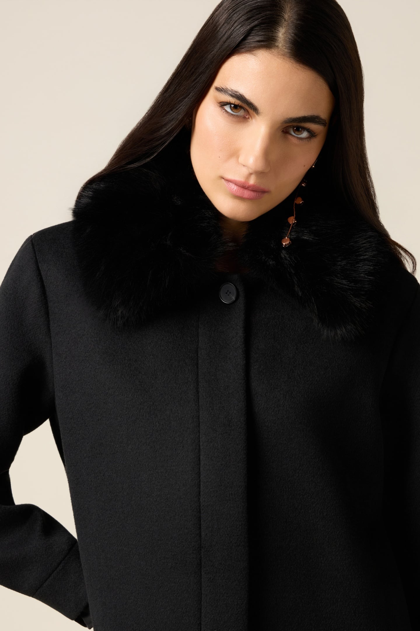 LONG MIXED WOOL COAT WITH FURRY COLLAR BLACK 4