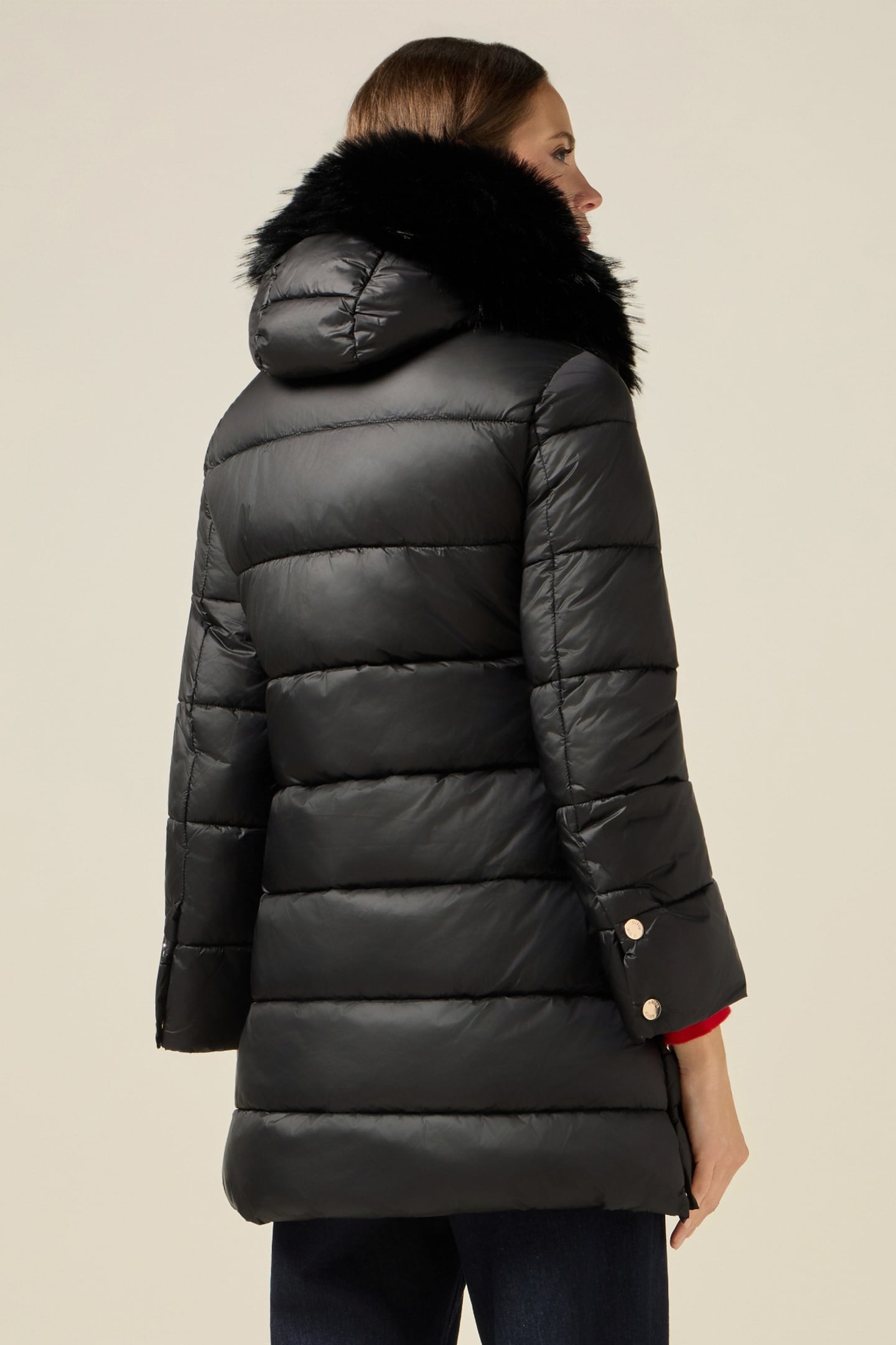 MIDI DOWN JACKET WITH HOOD AND FURRY TRIM BLACK 2