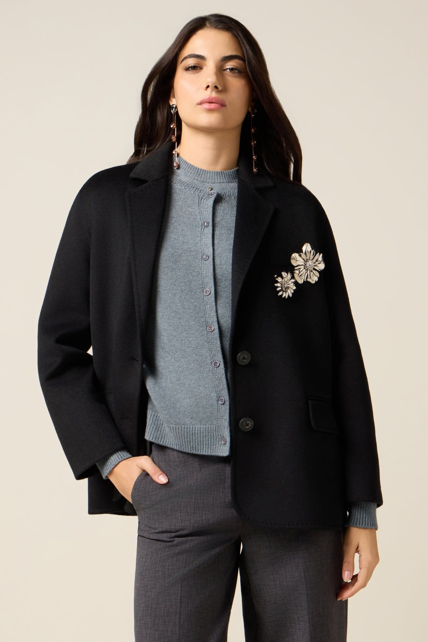 UNSTRUCTURED MIXED WOOL JACKET WITH PINS BLACK 1