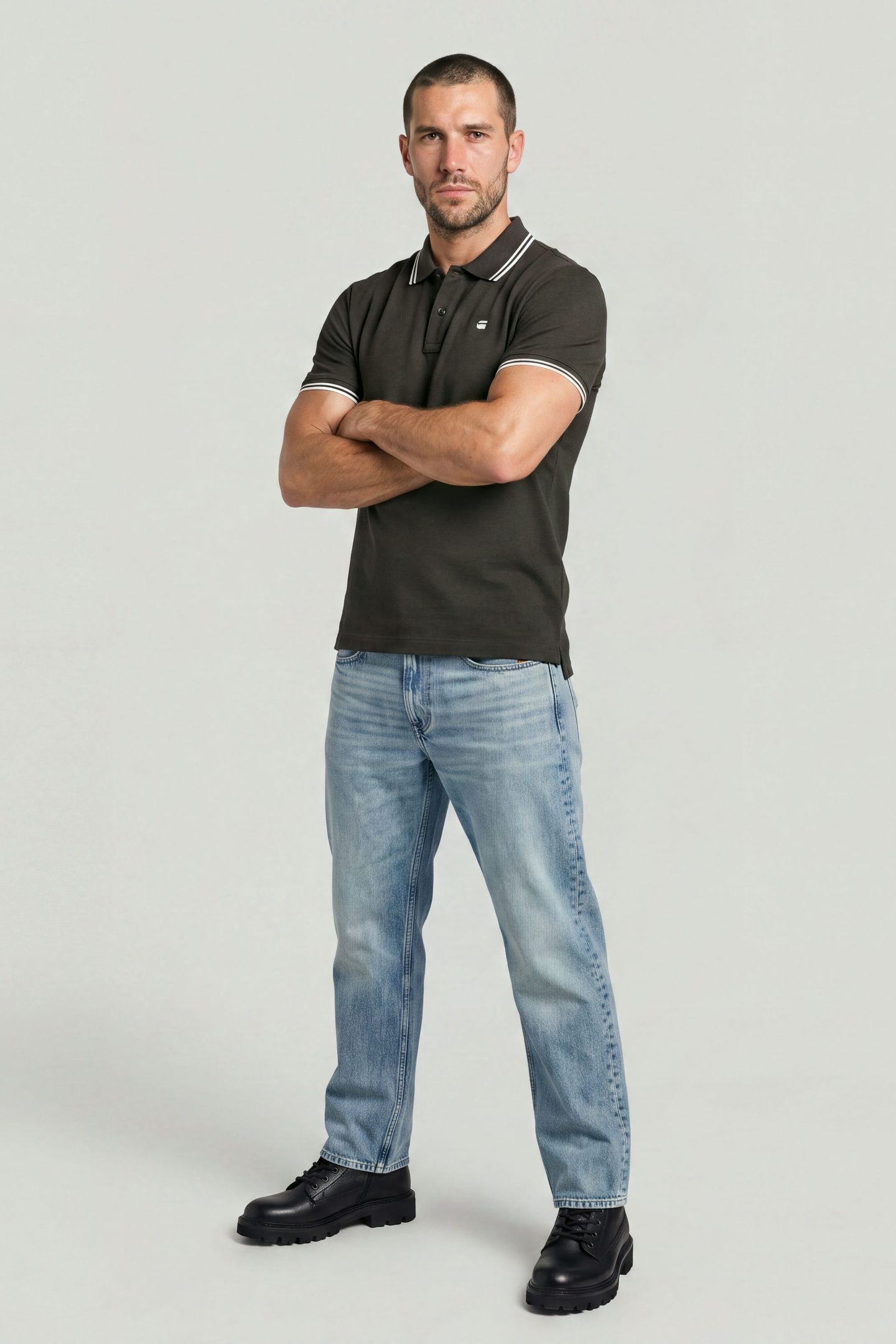 STRIPED COLLAR SLIM POLO S/S GREY 3