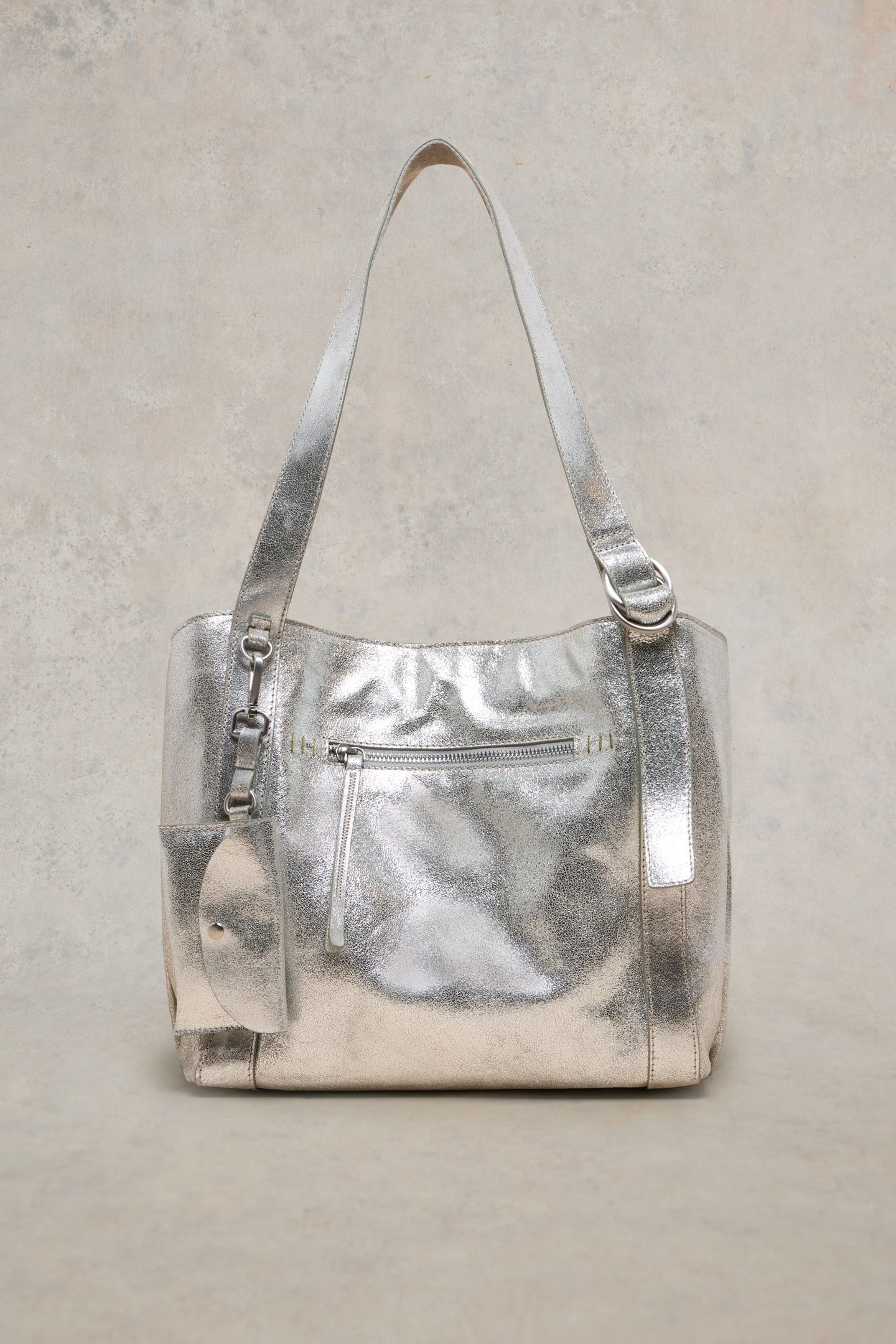HANNAH LEATHER TOTE SILVER TONE METALLIC 1