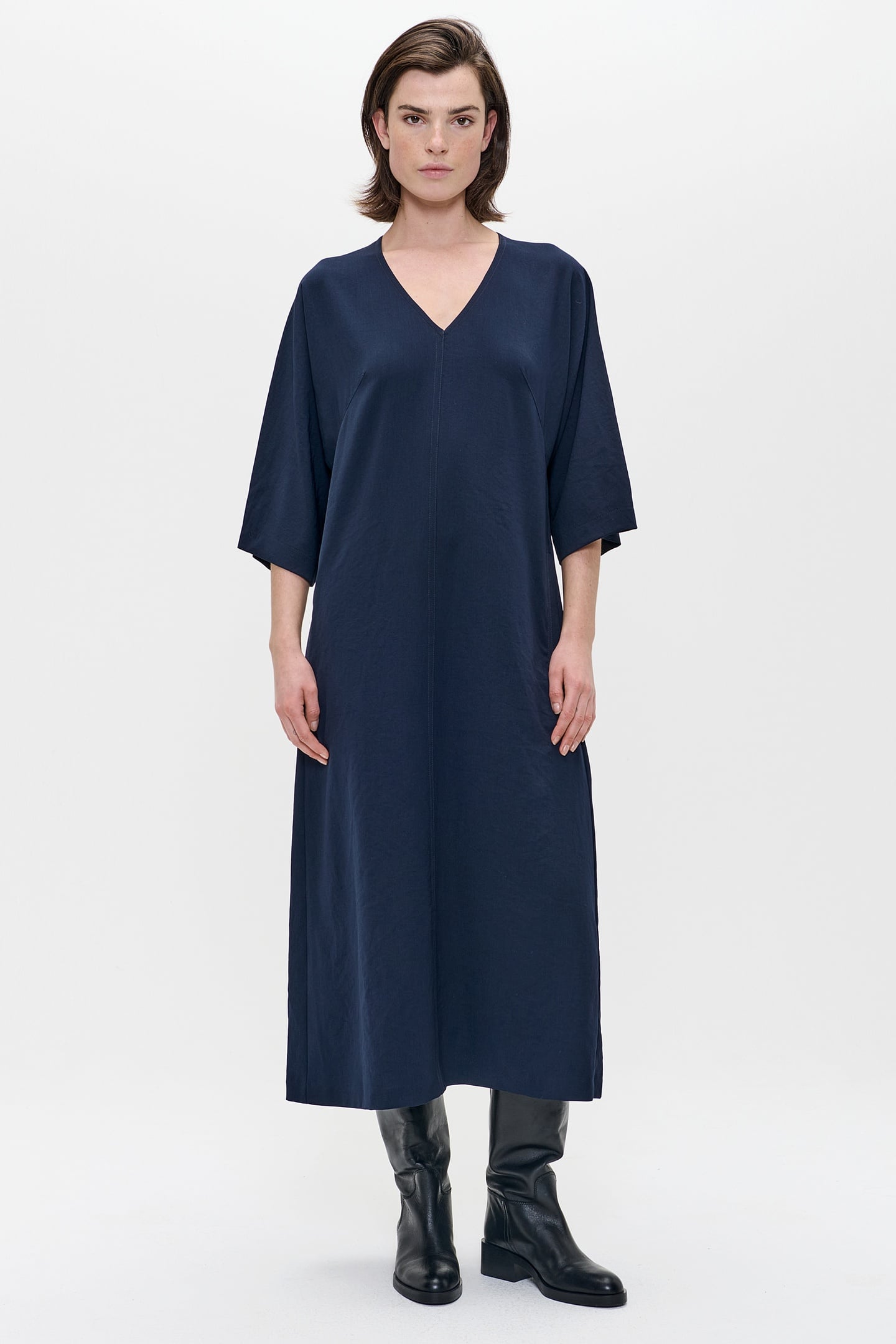 JAPANESE CREPE V-NECK DRESS MIDNIGHT BLUE 3