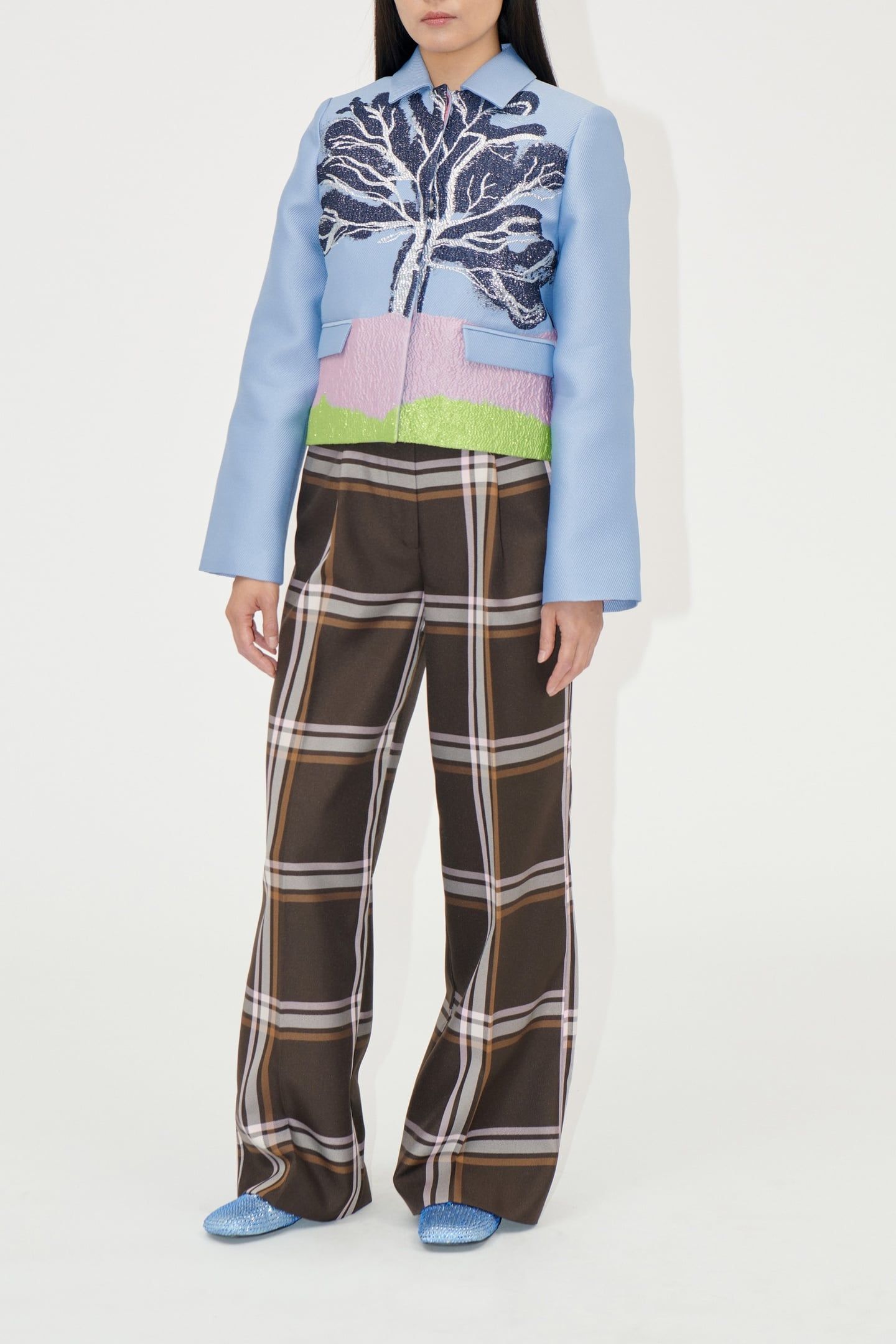 FRONT PLEAT LONG STRAIGHT PANTS WEAVED CHECKS 1