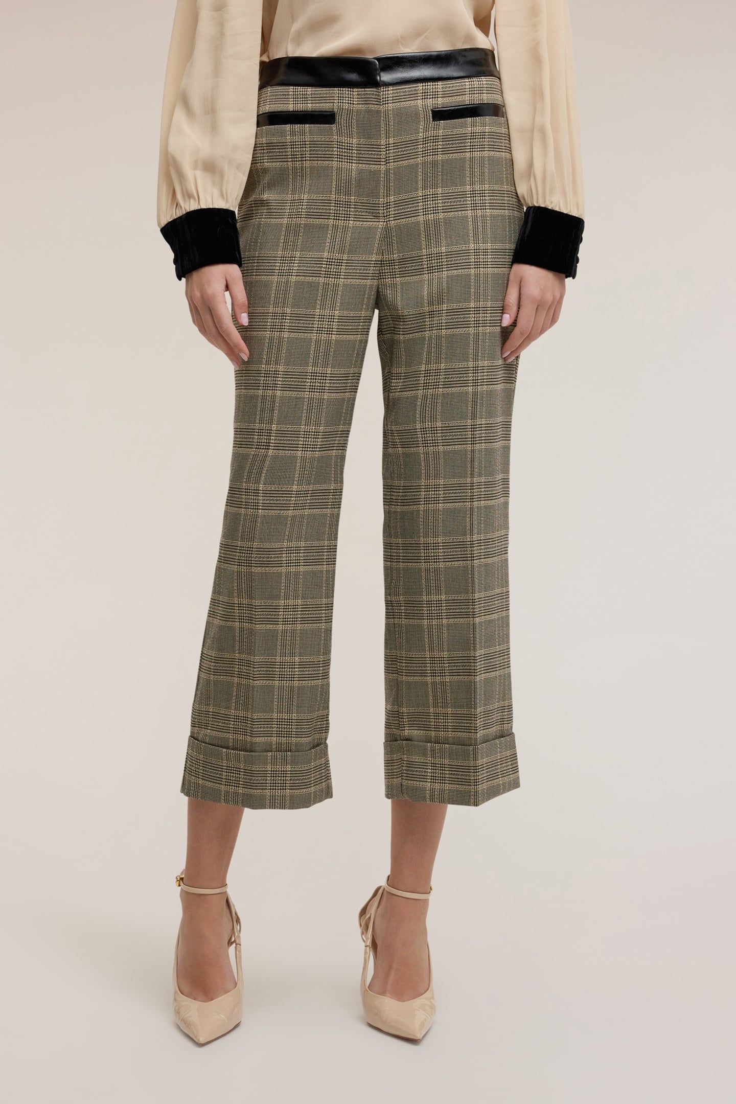 CROPPED YARN-DYED CHECK PATTERN TROUSERS BEIGE 1