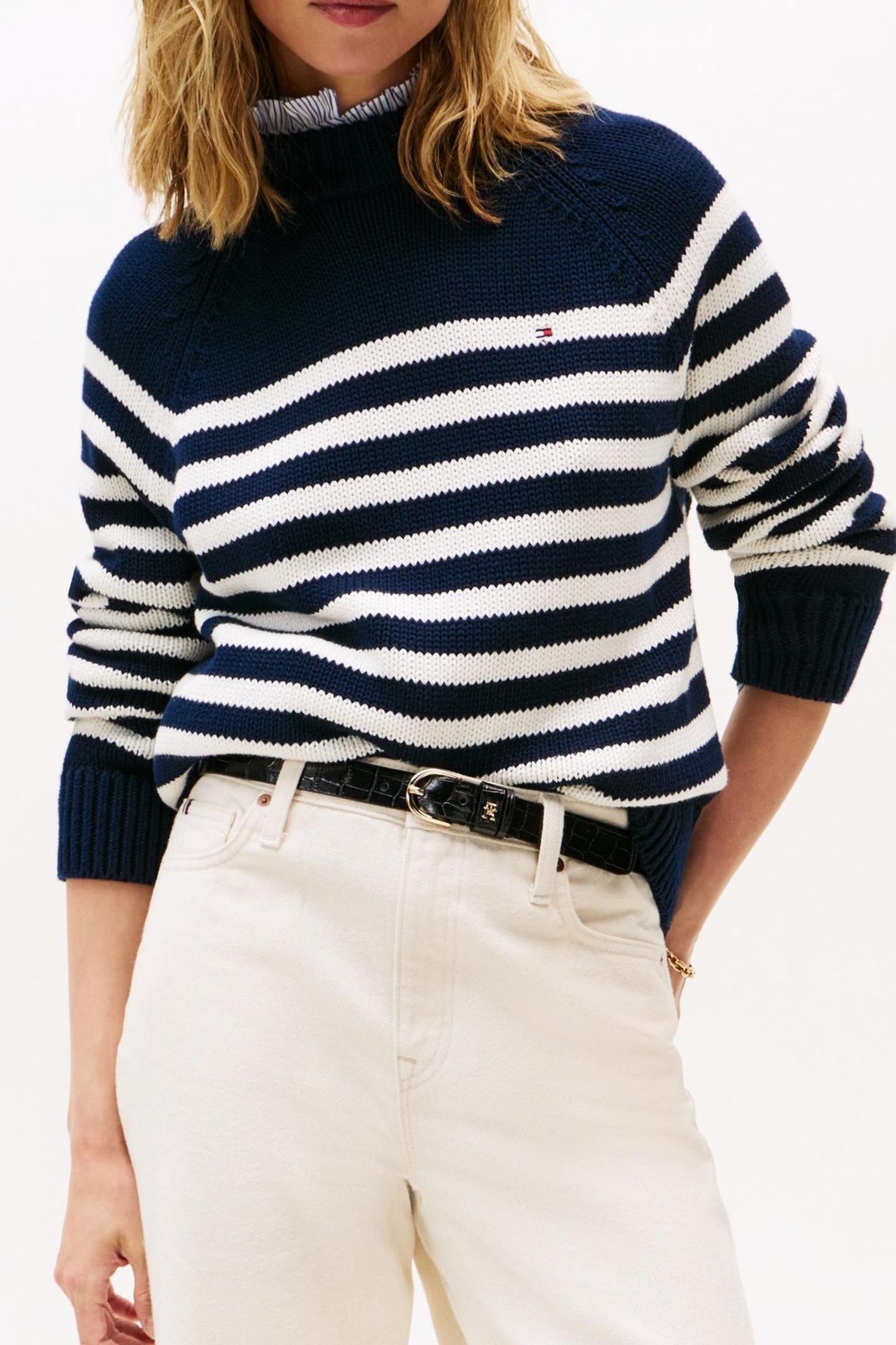 COTTON BLEND MOCK-NECK BLUE/WHITE ENG STRIPE 1
