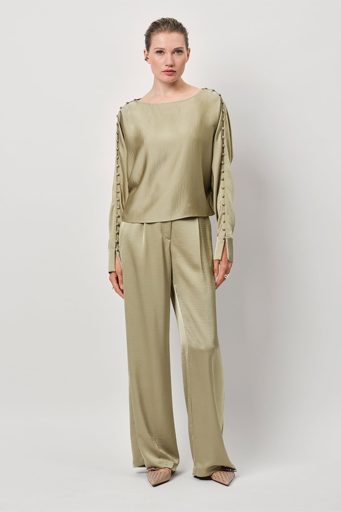 ROCCO SATIN BUTTON DETAIL TOP SUNLIT GRASS 1