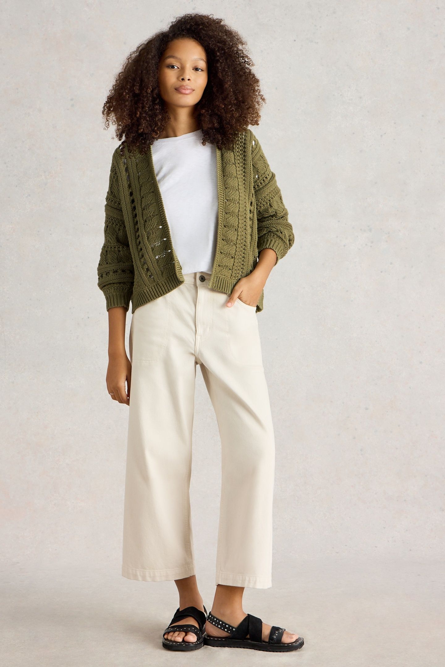 CASEY CROCHET CARDI KHAKI GREEN 1
