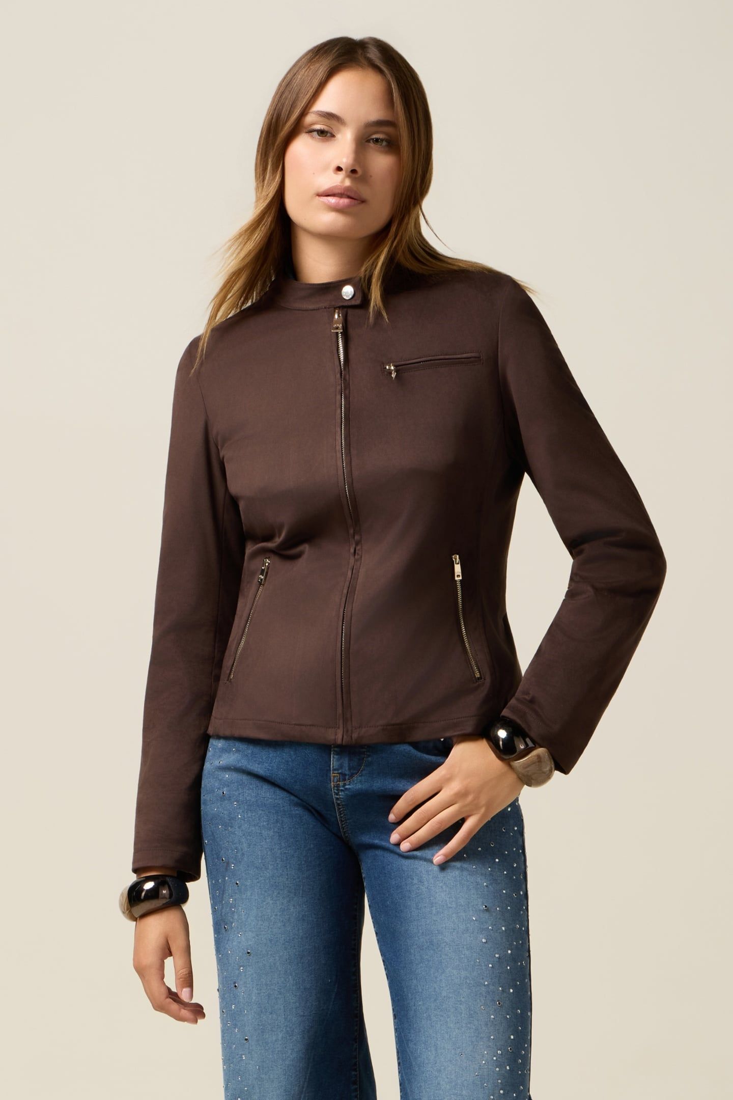 SHORT SUEDE-EFFECT JACKET BROWN 1