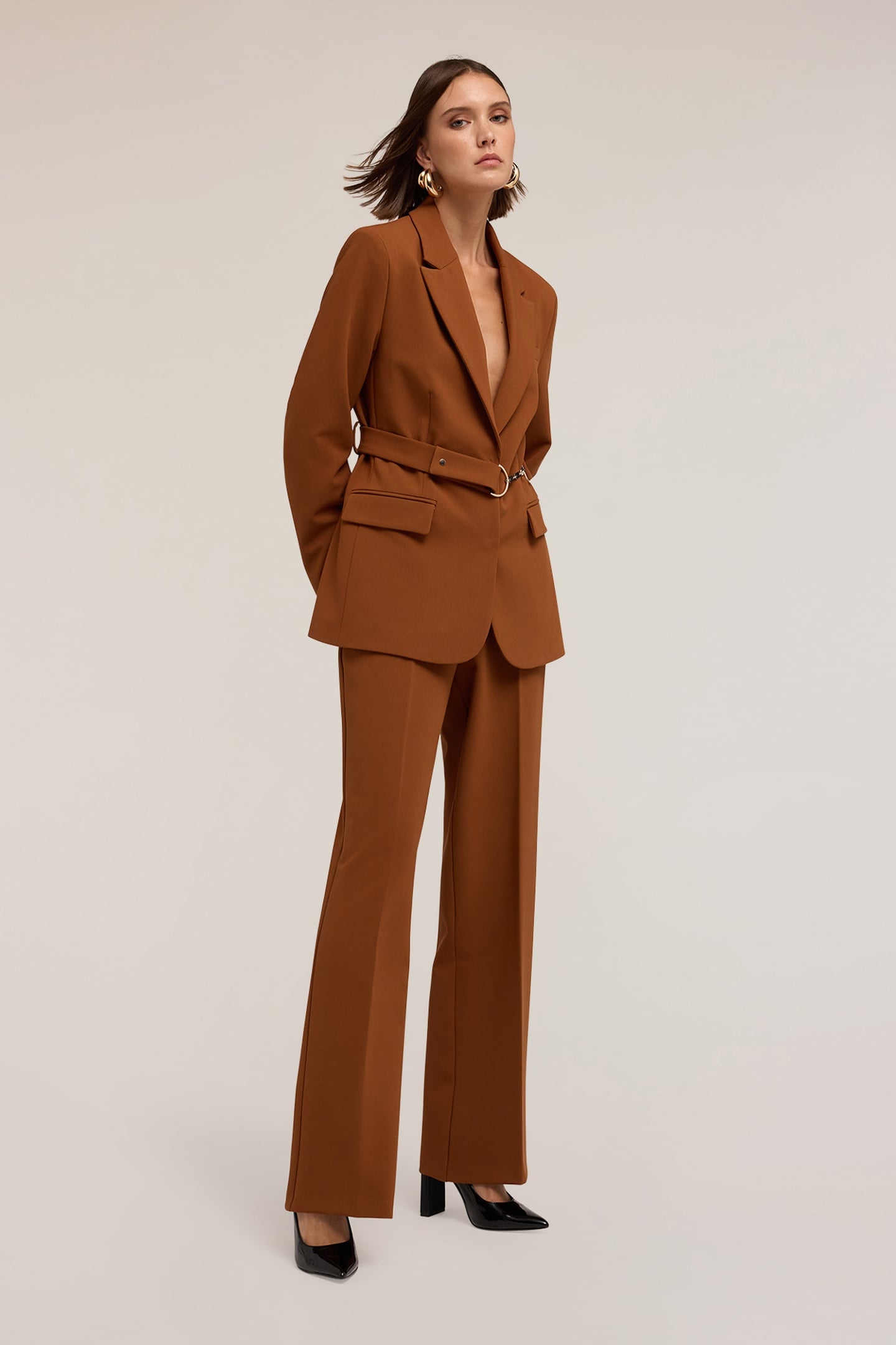 WIDE-LEG PALAZZO PANTS WITH METAL BELT LOOP BROWN 2