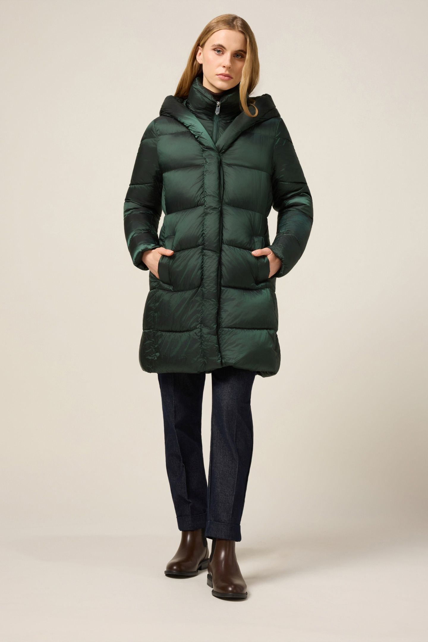 LONG NYLON DOWN JACKET WITH HOOD GREEN 1