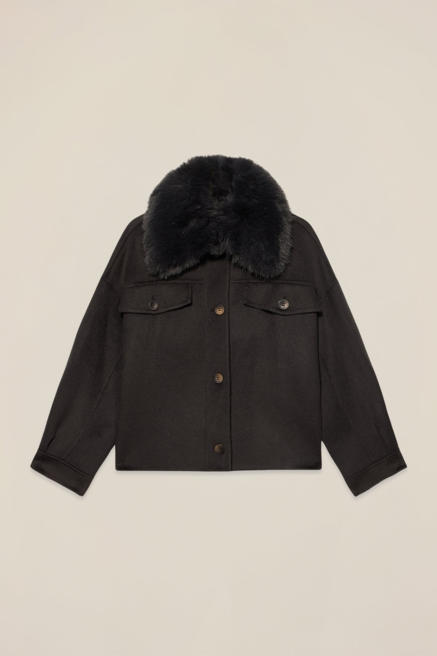 SHORT MIXED WOOL COAT WITH FURRY COLLAR BROWN 3