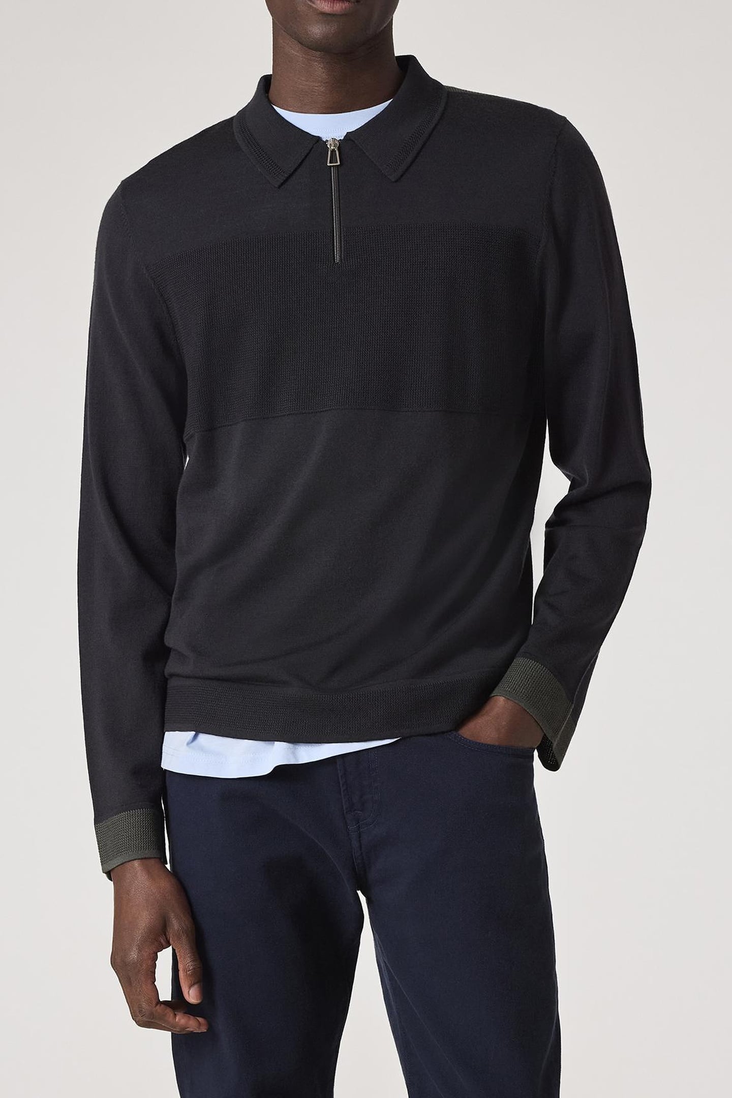 MENS SWEATER LS POLO BLACK MELANGE 1