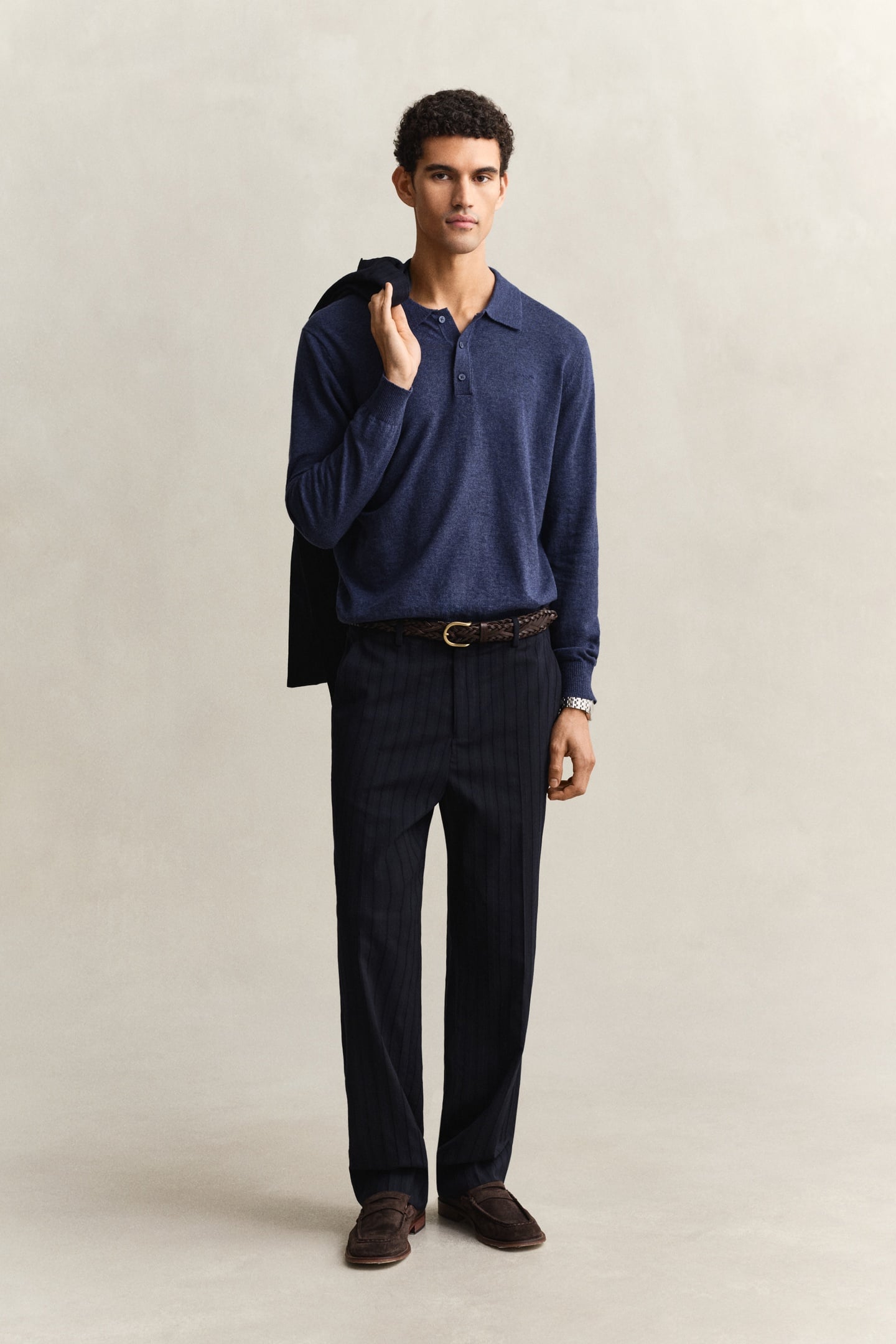 SLUB COTTON LINEN POLO DARK INDIGO MELANGE 1