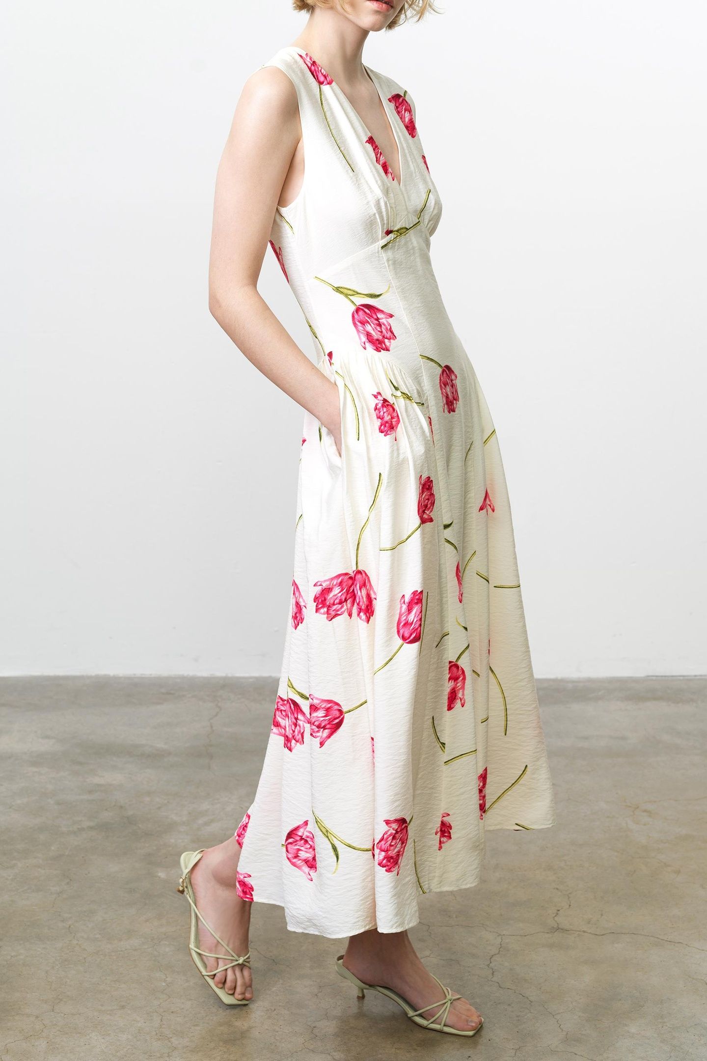 CRESSIDA FARON DRAPE MIDI DRES IVORY/PINK MULTI 2