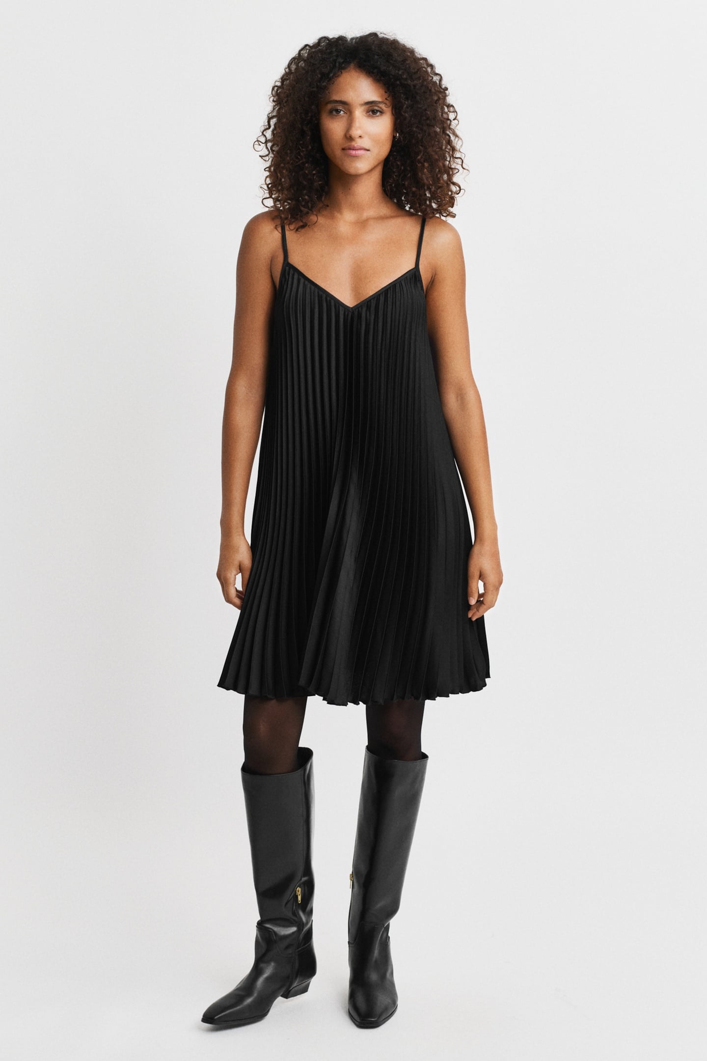 SATEEN PLEATED MINI STRAP DRESS BLACK 1