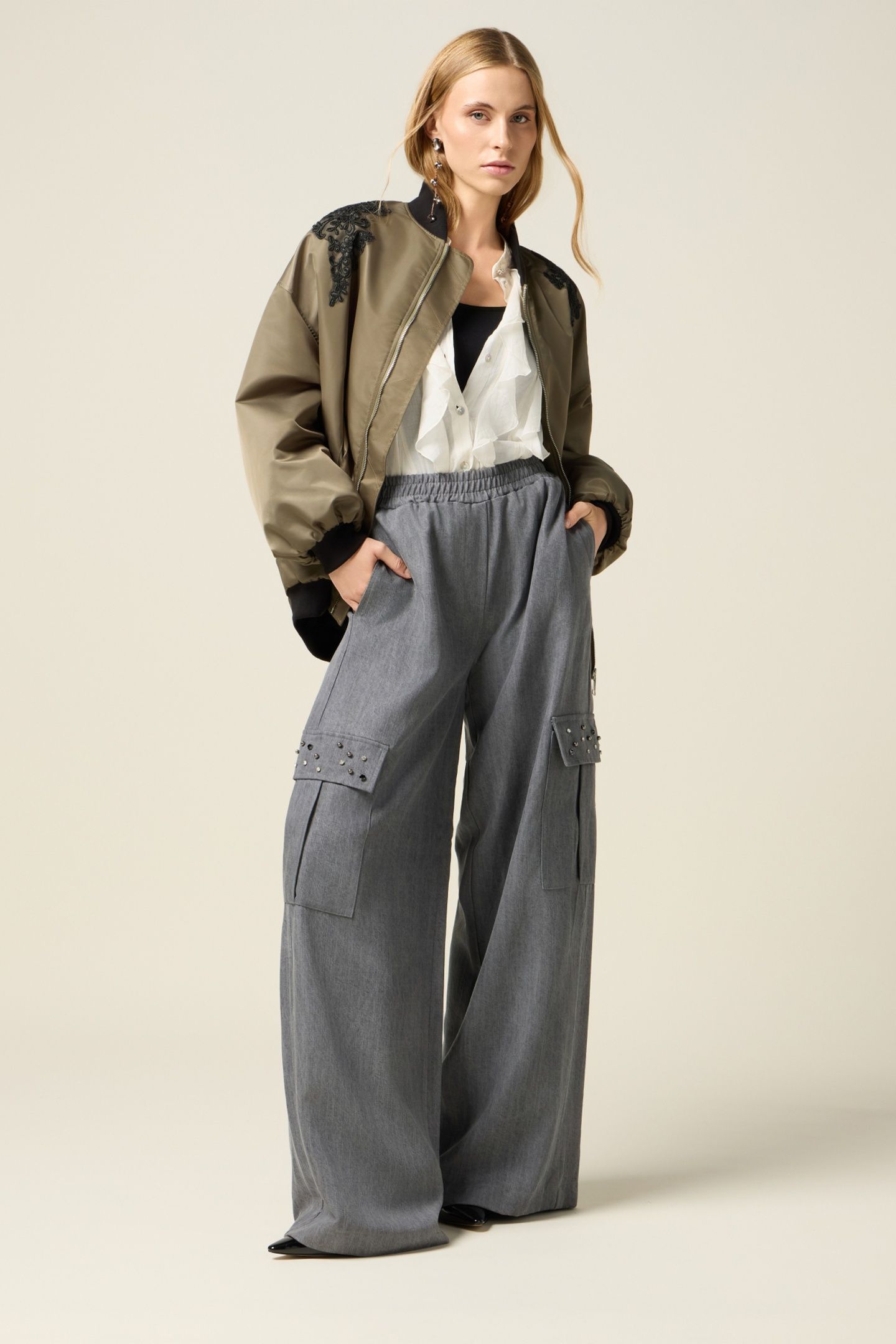 TENCEL CARGO PANTS WITH STONES GREY 2