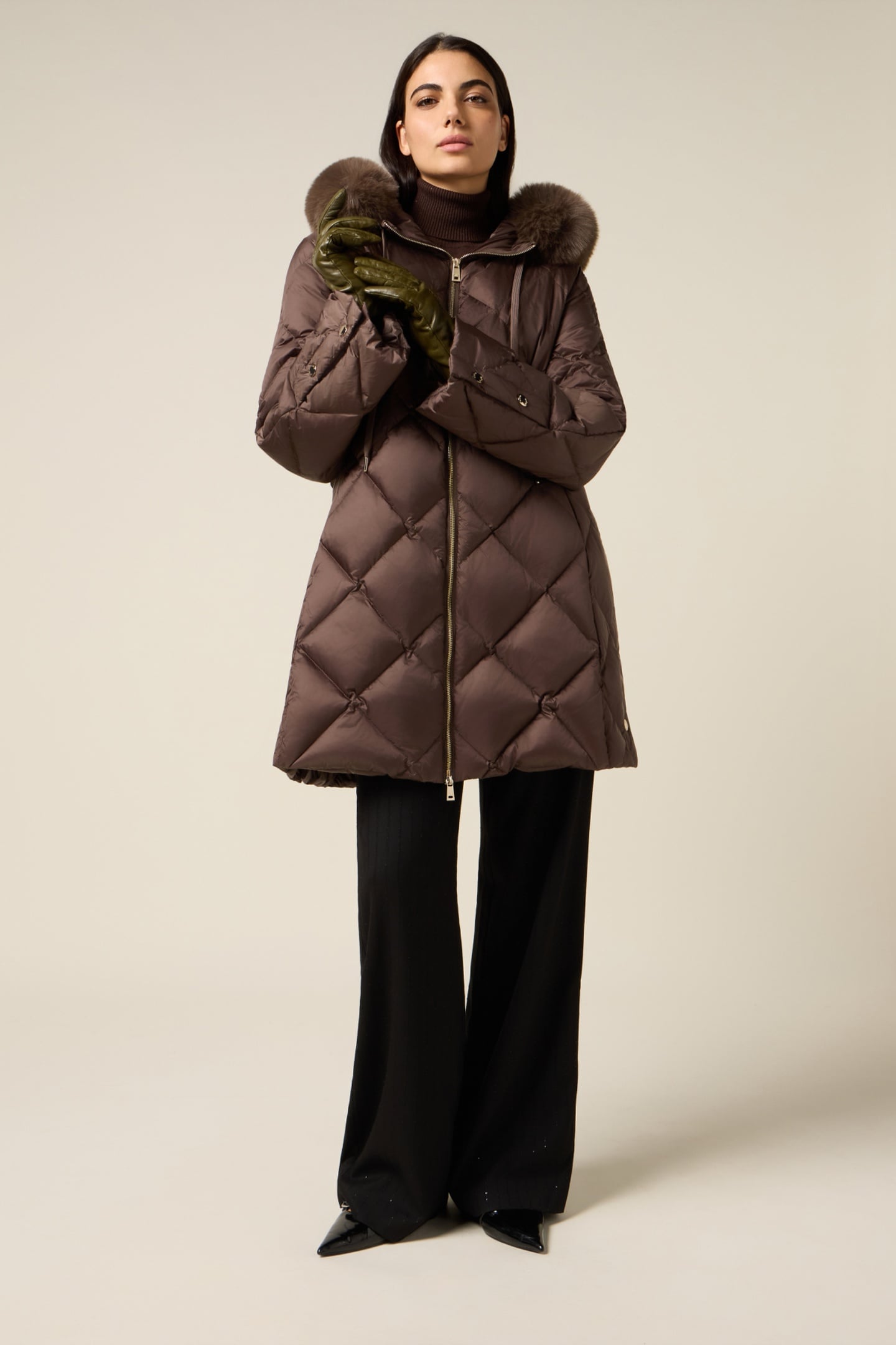 MIDI QUILTED DOWN JACKET WITH REAL FEATHER BROWN 1