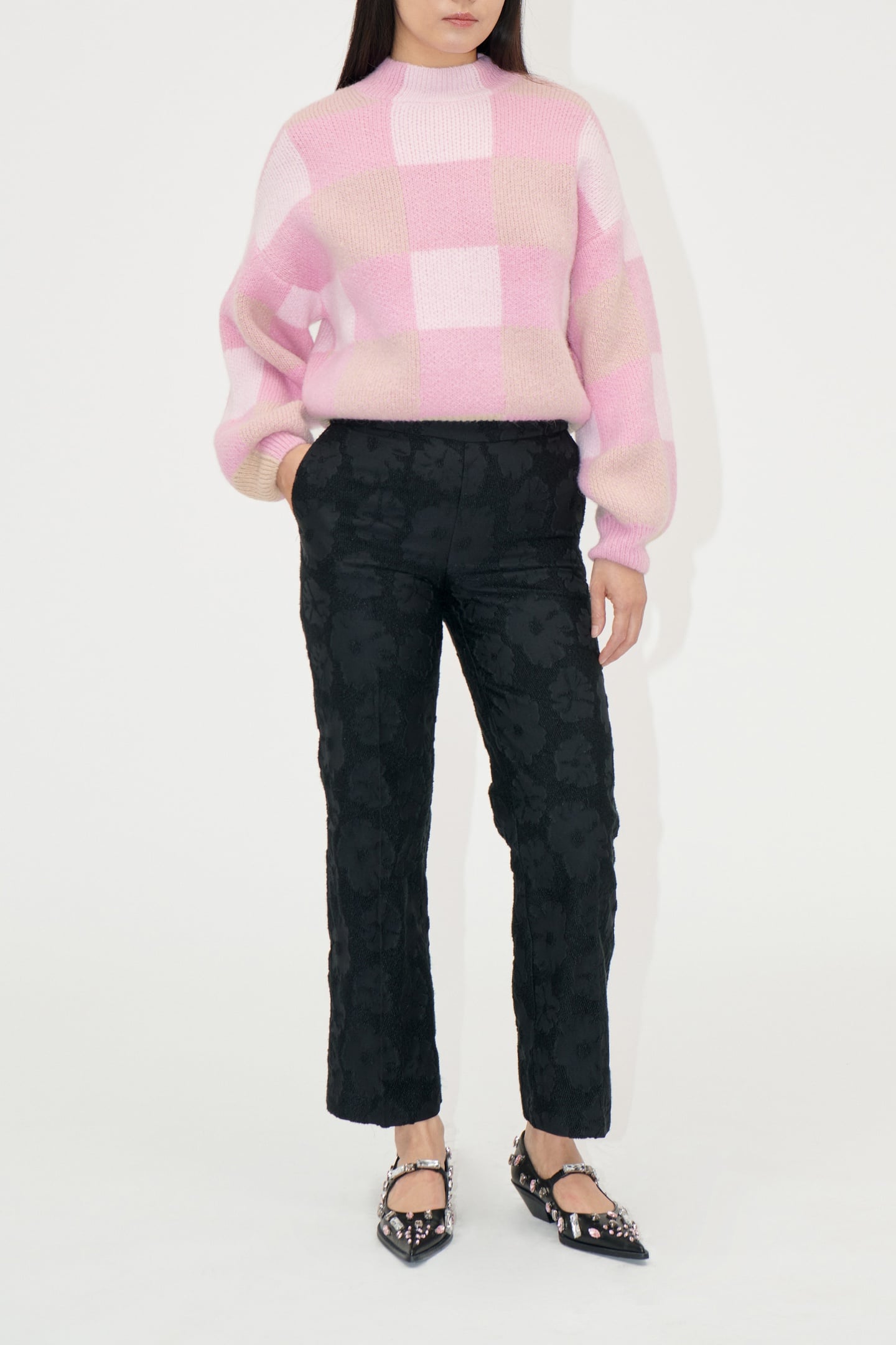 FRONT PLEAT LONG STRAIGHT PANTS ANEMONE JACQUARD 1